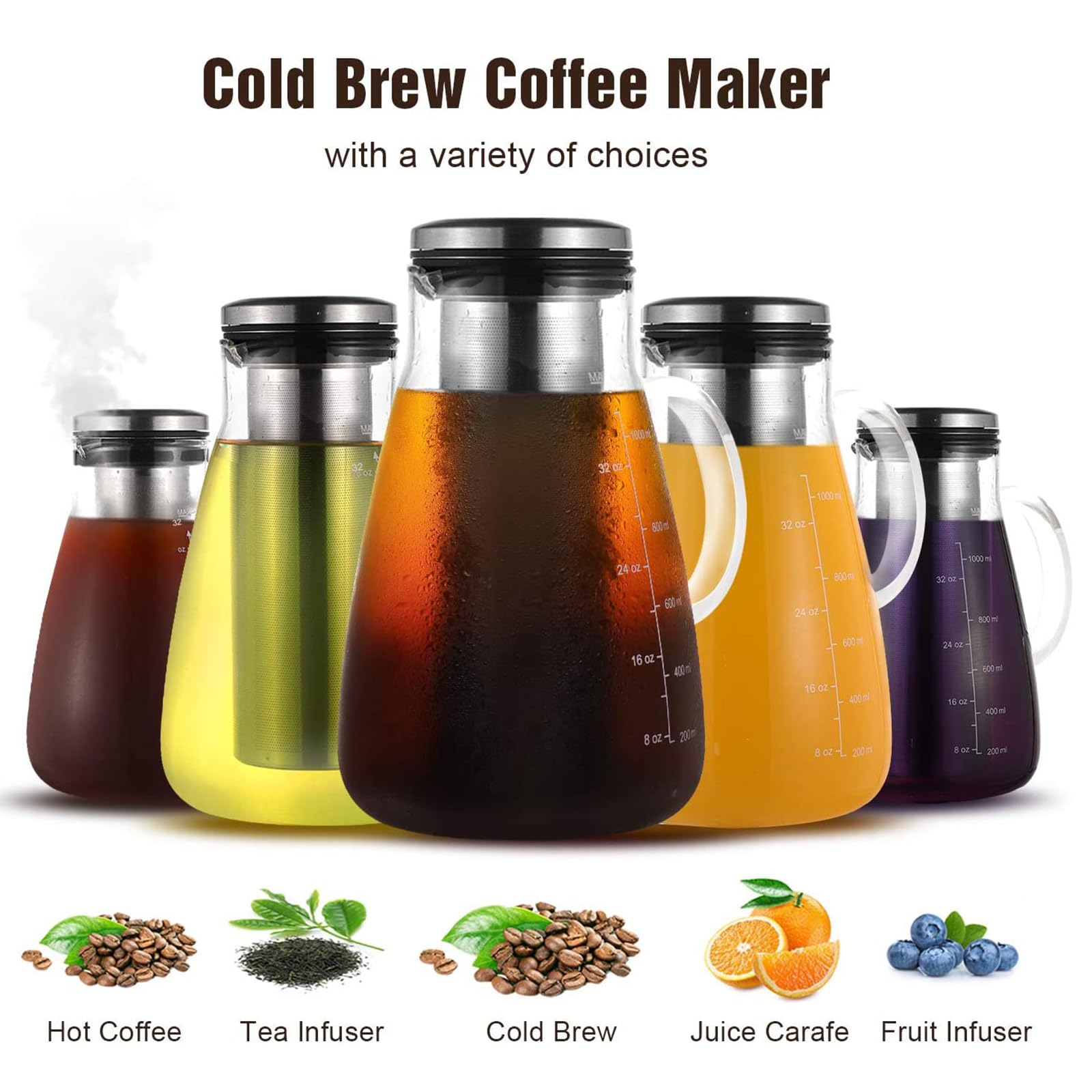 Ymmind Cold Brew Iced Coffee Maker 34Oz, Brewed Coffee Pot With Removable Double Mesh 304 Stainless Steel Filter, Bpa-Free Cold