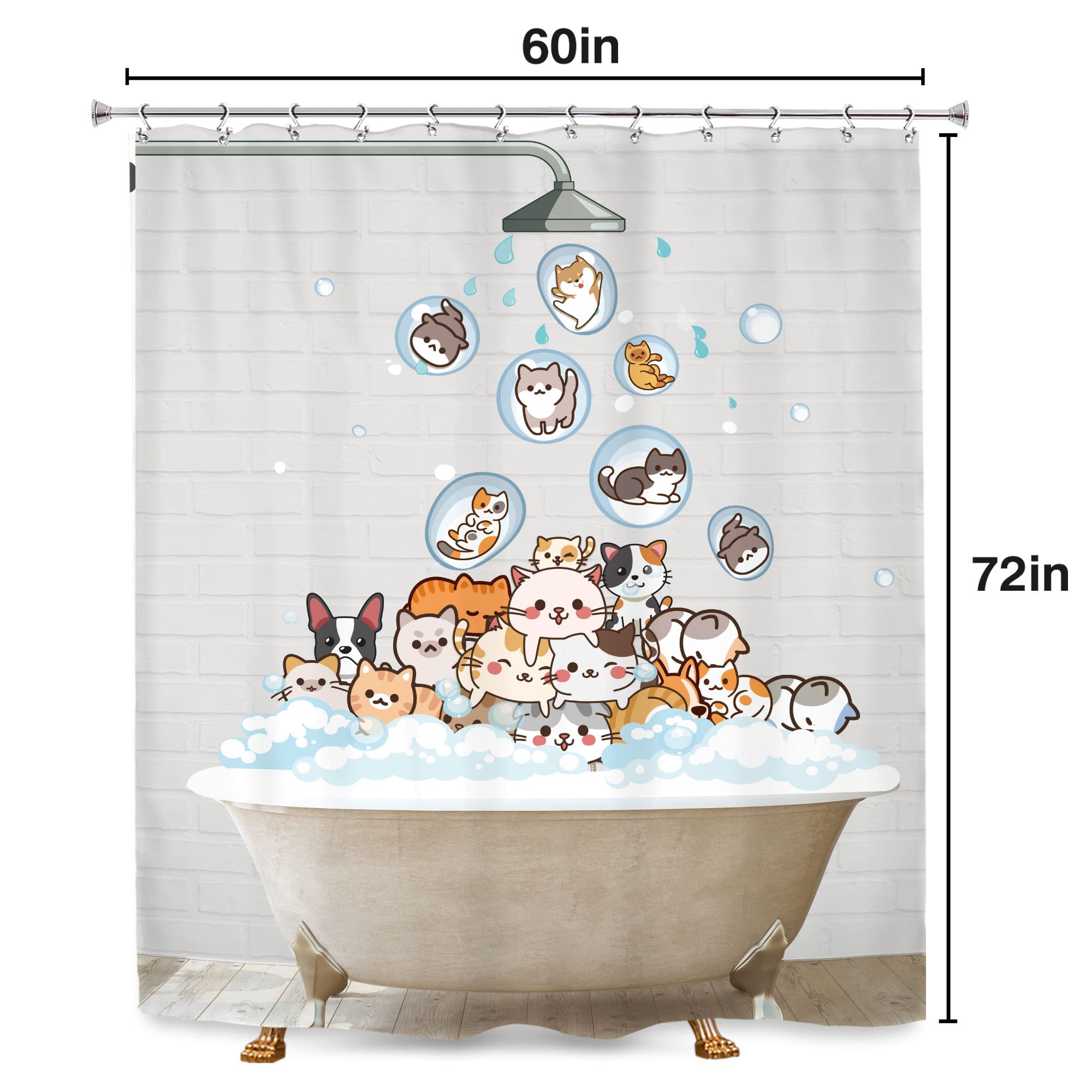 SVBright Cute Raining Cats Shower Curtain 60Wx72L Inch for Kids Cartoon Dog Funny Animals Nursery Lovely Hilarious Pets Playing Water 12 Pack Hooks Fabric Polyester Waterproof Bathroom Bathtub Panels