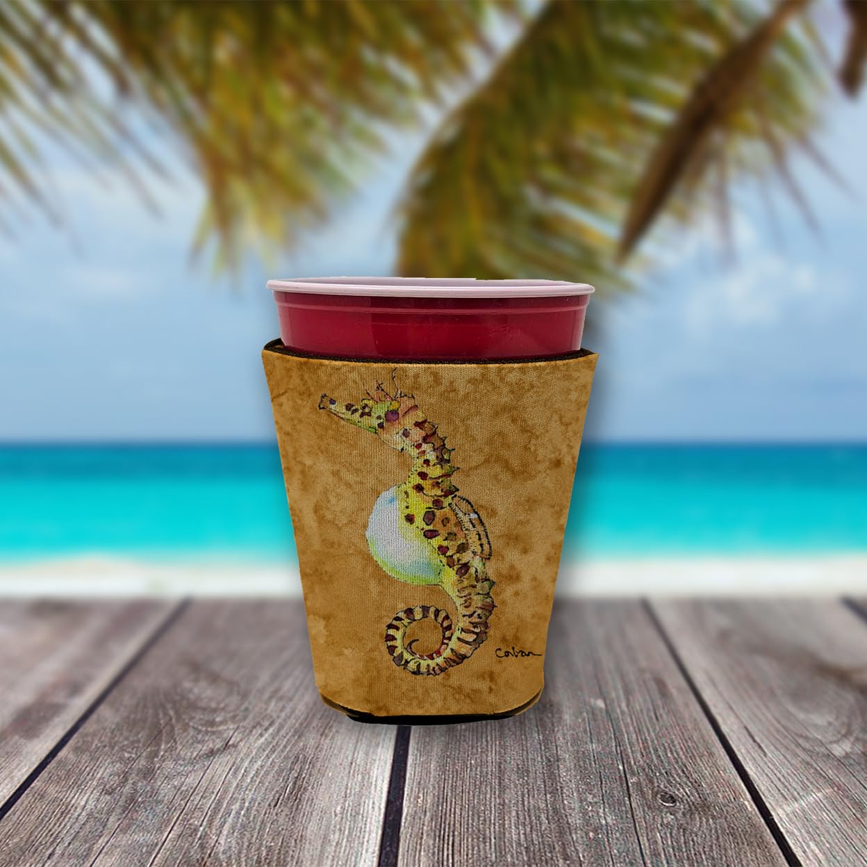 Seahorse Male on gold Red Solo Cup Beverage Insulator Hugger