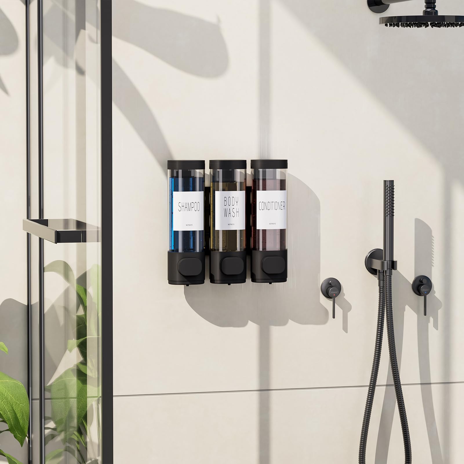 Vitviti Shampoo And Conditioner Dispenser For Shower Wall, Shower Soap Dispenser 3 Chamber No Drill Wall Mounted, 10.2 Oz Plasti