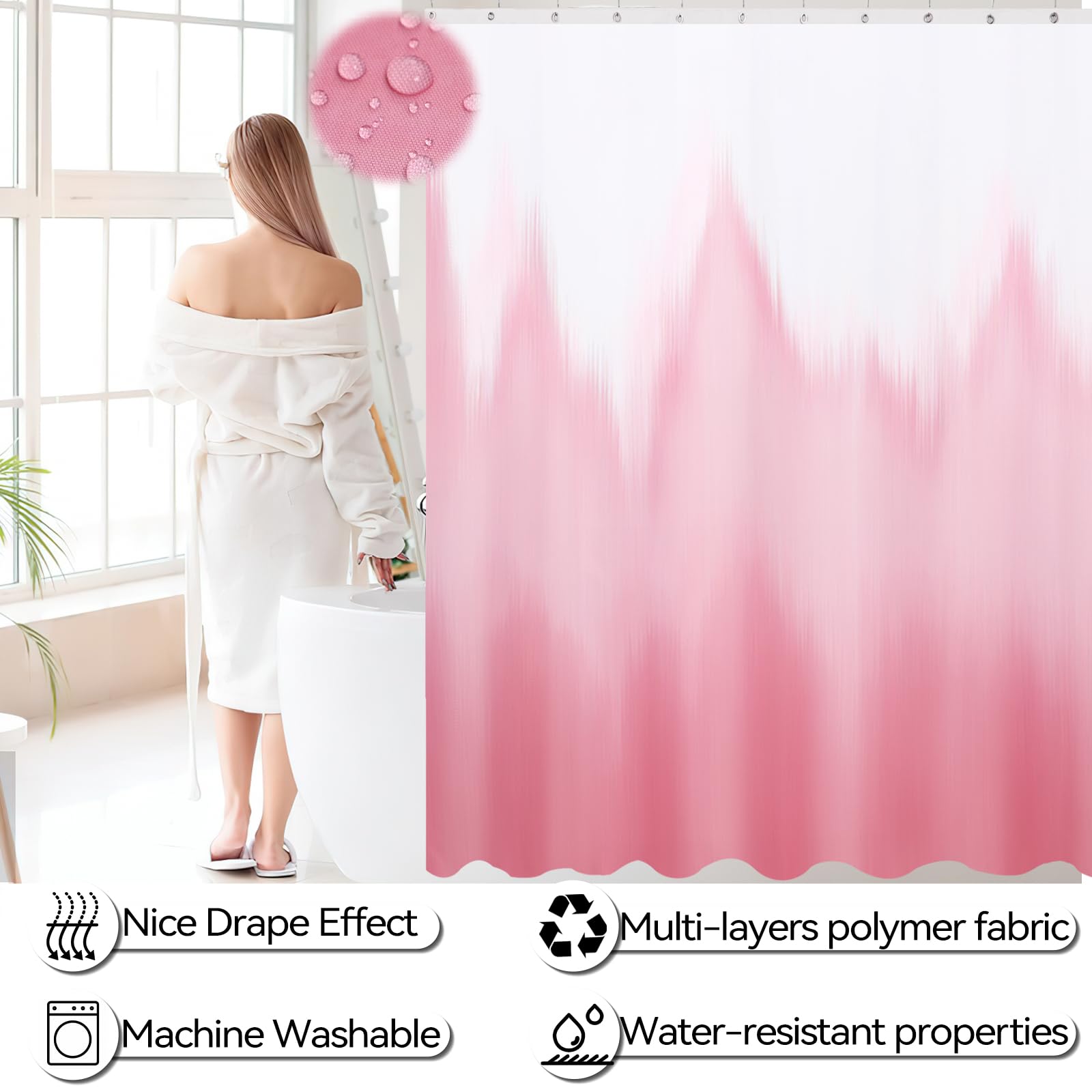 Imucci Bathroom Accessories Pink Bathroom Sets With Shower Curtain And Rug, Pink Ombre Waterproof Shower Curtain With Ultra Abso