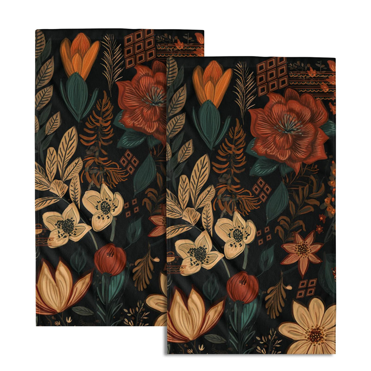 Boho Floral Hand Towels Set Of 2 Black Mid Century Fingertip Towel Absorbent Face Towel Soft Dish Towels For Gym Bath Kitchen Ho
