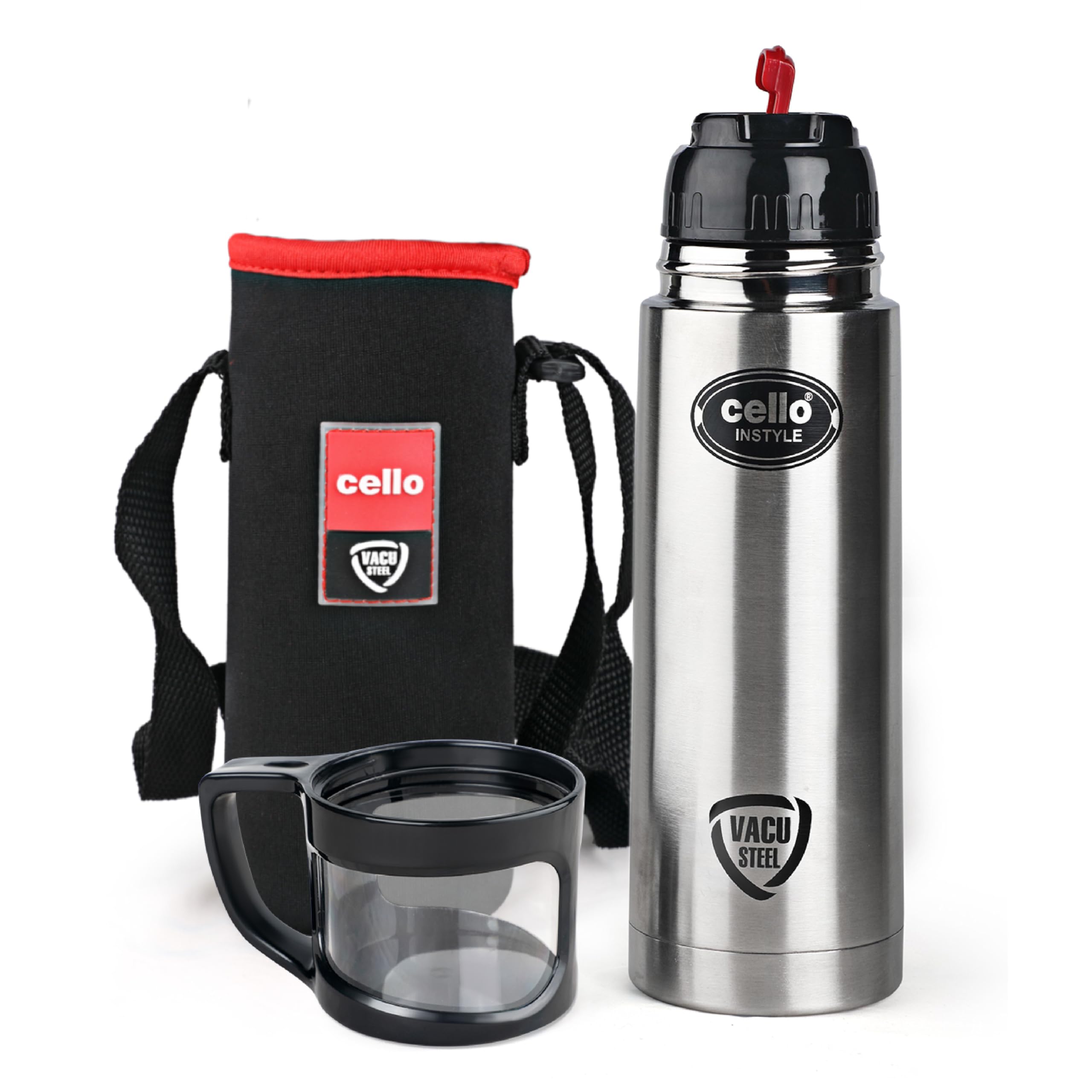 Cello Instyle Thermosteel Water Bottle With Jacket 500Ml, Black | Isi Certified | 24 Hours Hot Or Cold | Double Walled Vacuum In