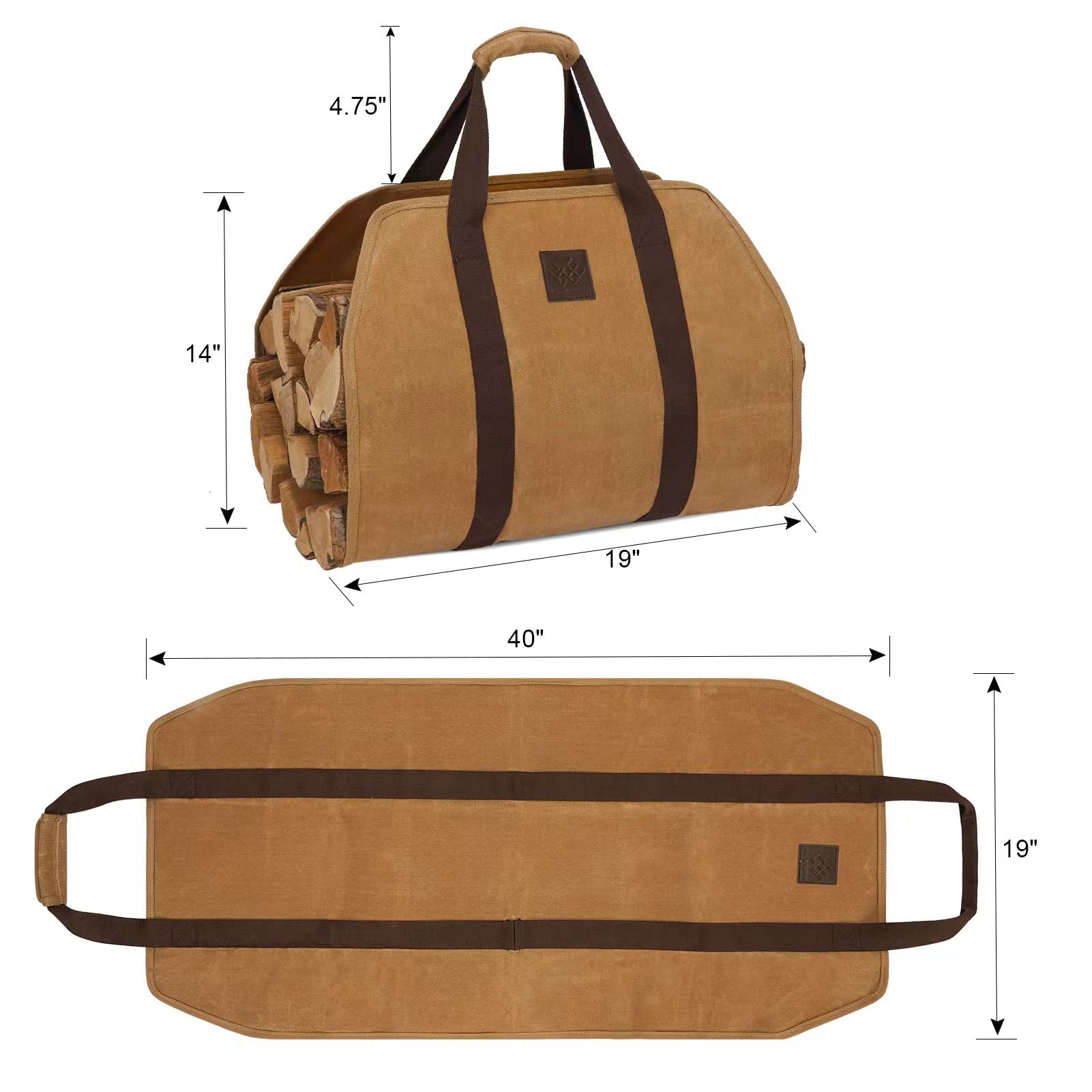 Willow Weave Firewood Carrier Bag, Khaki Color, Water-Resistant, 40'' L X 19'' W, With Padded Handle, Cross-Stitched Straps, Fol