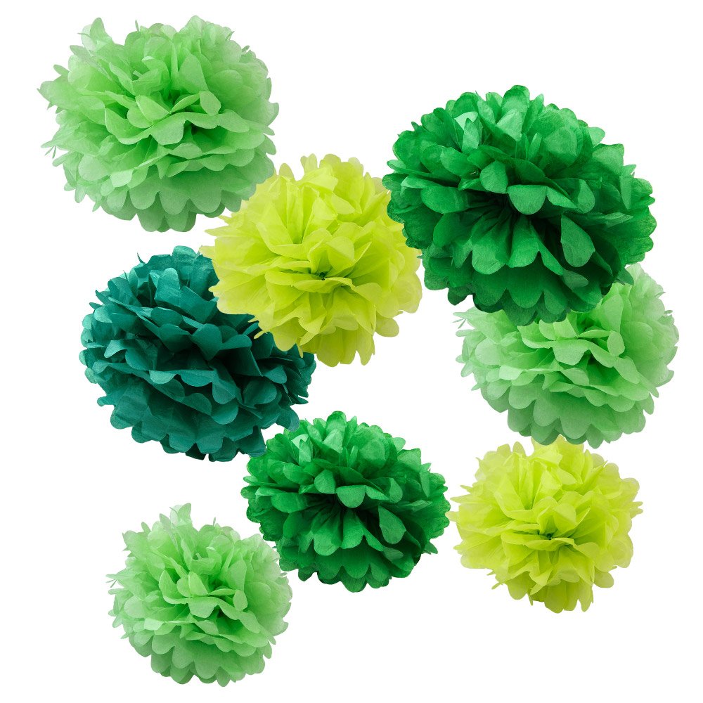 Wyzworks Set Of 8 (Assorted Green Color Pack) 8'' 12'' 14'' Diy Tissue Pom Poms Flower Party Decorations For Weddings, Birthday,