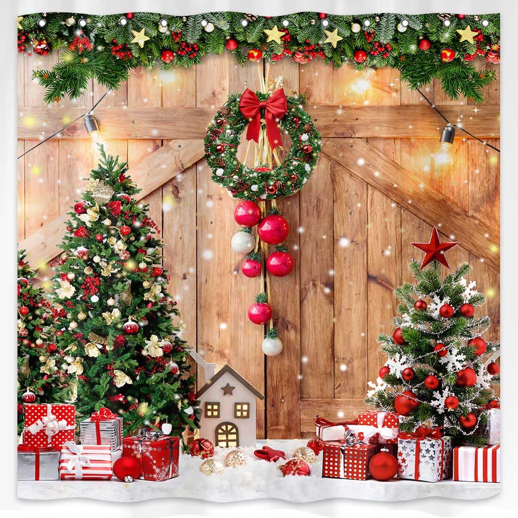 Hjokiupt Farmhouse Christmas Shower Curtain, Winter Xmas Tree Home Decor Wooden Barn Door Fabric Shower Curtains For Bathroom, C
