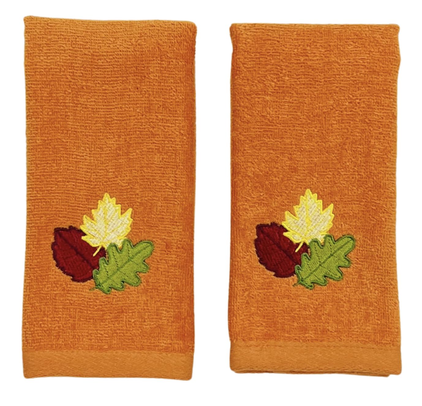 Serafina Home Decorative Fall Leaf Fingertip Towels: Embroidered Gold Burgundy Green Leaves Design On Plush Orange, 2 Piece Set,