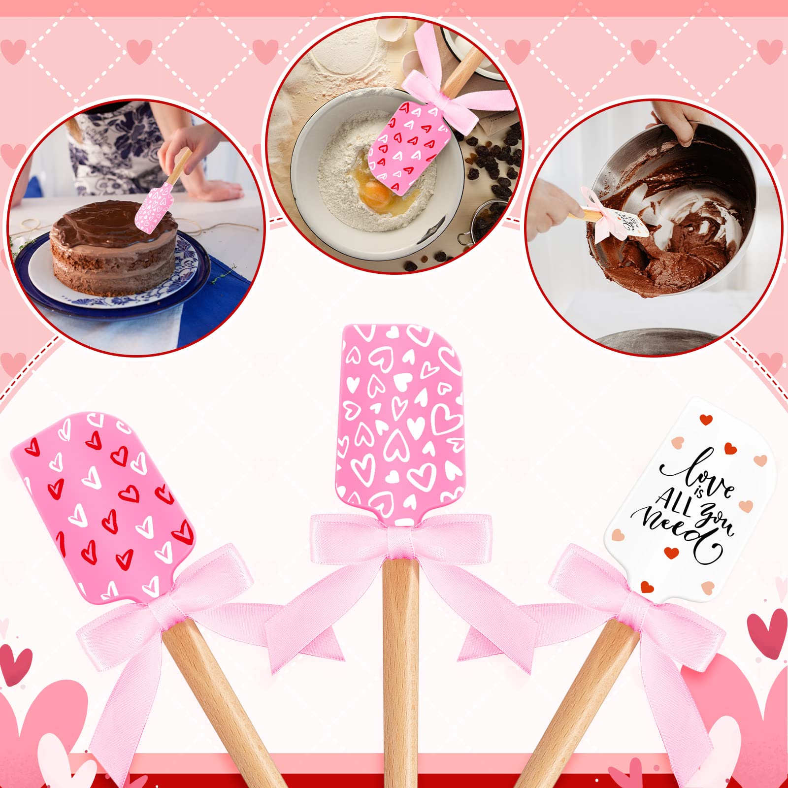 3 Pcs Valentine'S Day Silicone Spatulas With Wooden Handles Valentine Pattern Heat Resistant Baking Spatulas Silicone Spatulas W