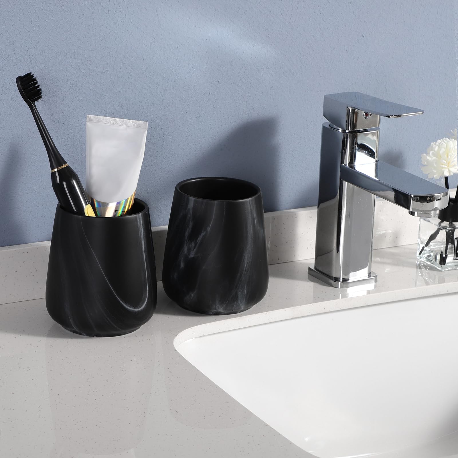 2Pcs Toothbrush Holder For Bathroom - Marble Black Ceramic Tooth Brushing Holders Set, Toothbrush Cup & Toothpaste Organizer For