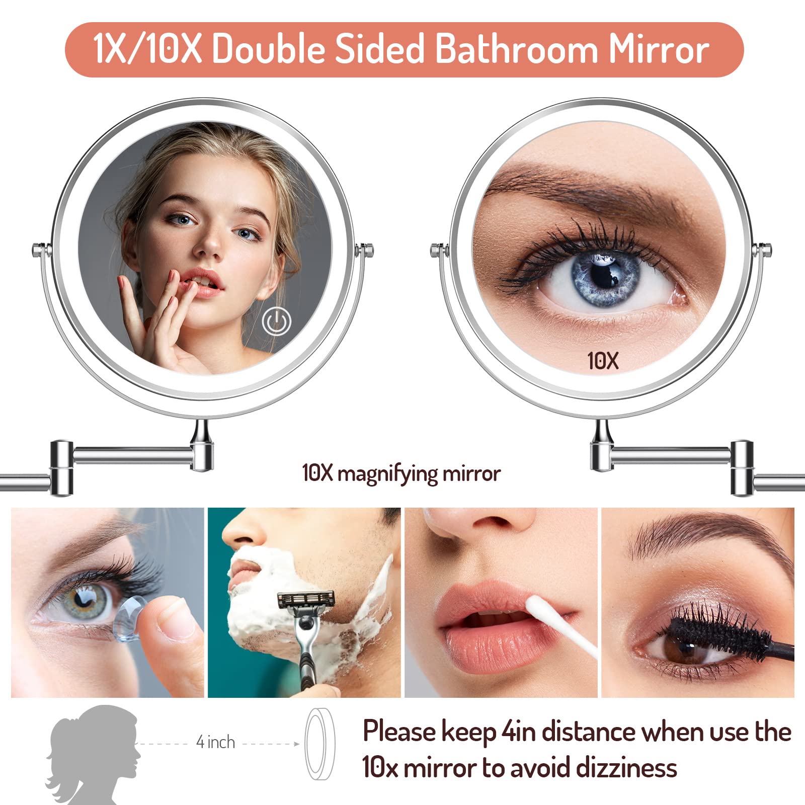 Rocollos Rechargeable Wall Mounted Lighted Makeup Mirror Chrome  8 Inch Double-Sided LED Vanity Mirror 1X/10X Magnification 3 Color Lights Touch Screen Dimmable 360Swivel 13 Inch Extendable