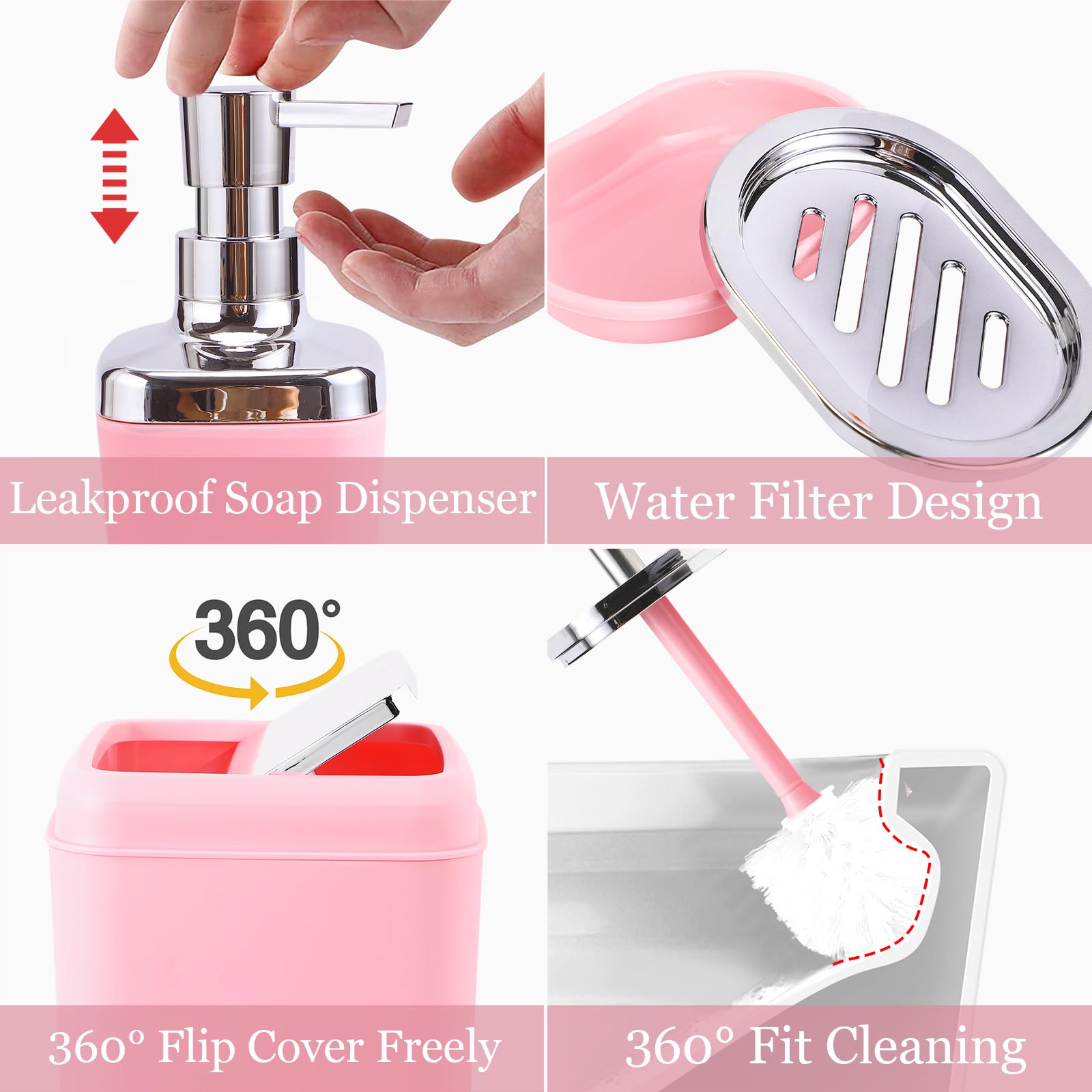 9-Piece Pink Bathroom Accessory Set, Plastic Bathroom Set With Tray, Soap Dispenser, Toothbrush Holder, Toothbrush Cup, Soap Dis