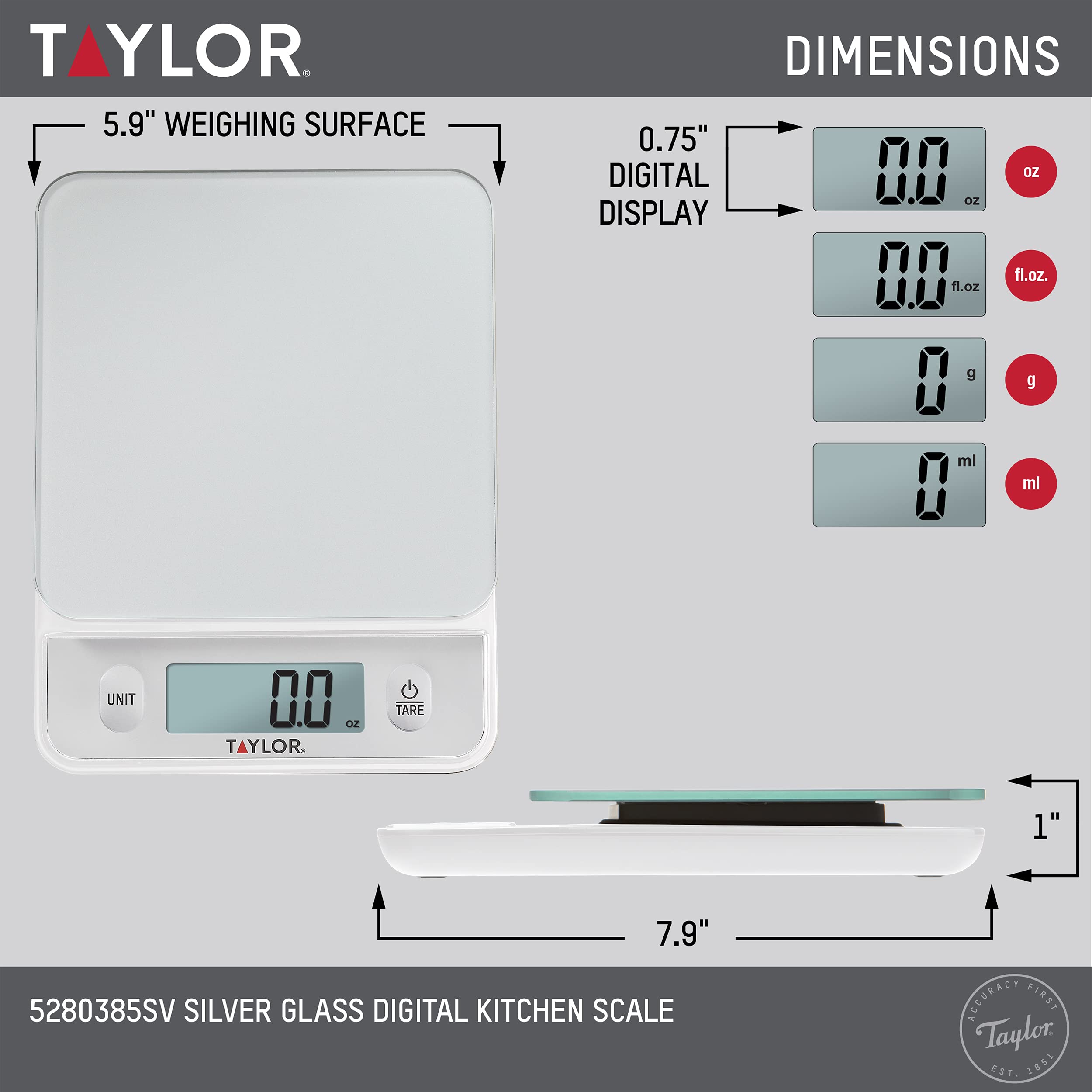 Taylor Glass Top Food Scale With Touch Control Buttons, 11 Lb Capacity, Silver