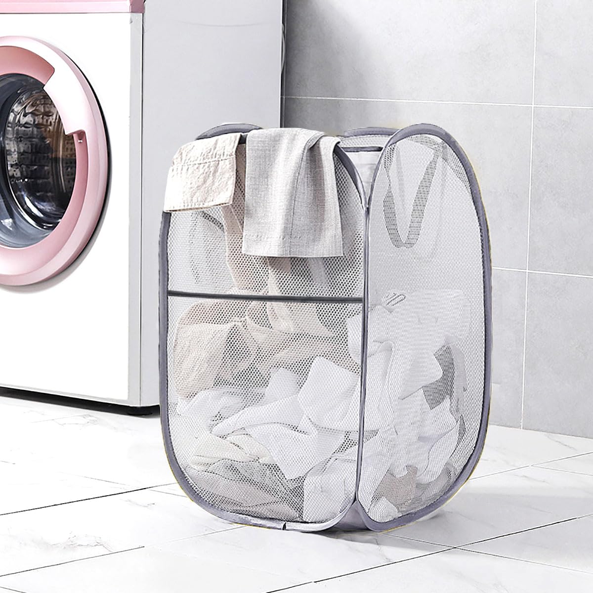 Larpur Popup Mesh Laundry Basket, Collapsible Laundry Hamper Portable Clothes Washing Laundry Hamper With Reinforced Carry Handl