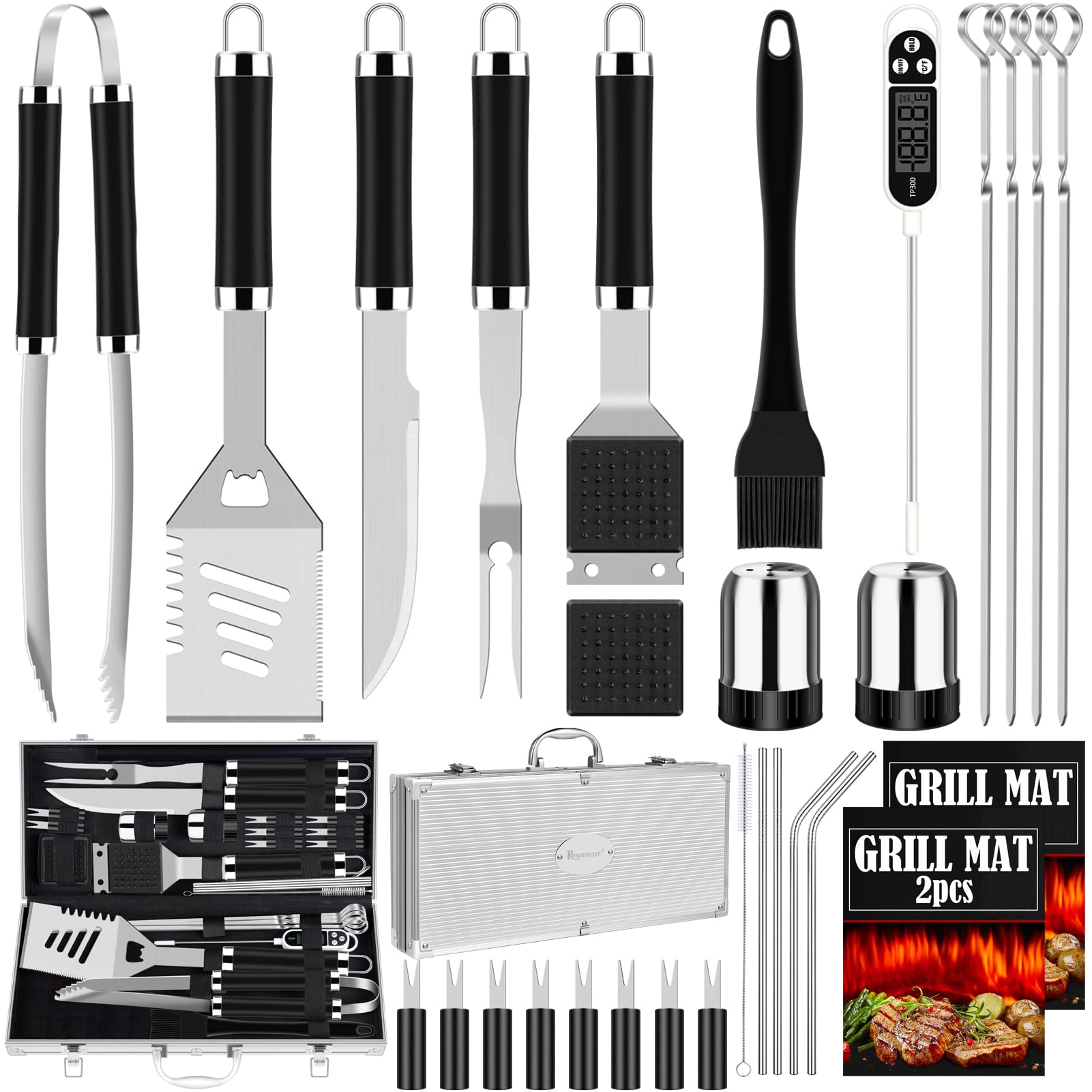 Romanticist 30Pcs Bbq Grill Tool Set For Men Dad, Heavy Duty Stainless Steel Grill Utensils Set, Non-Slip Grilling Accessories K