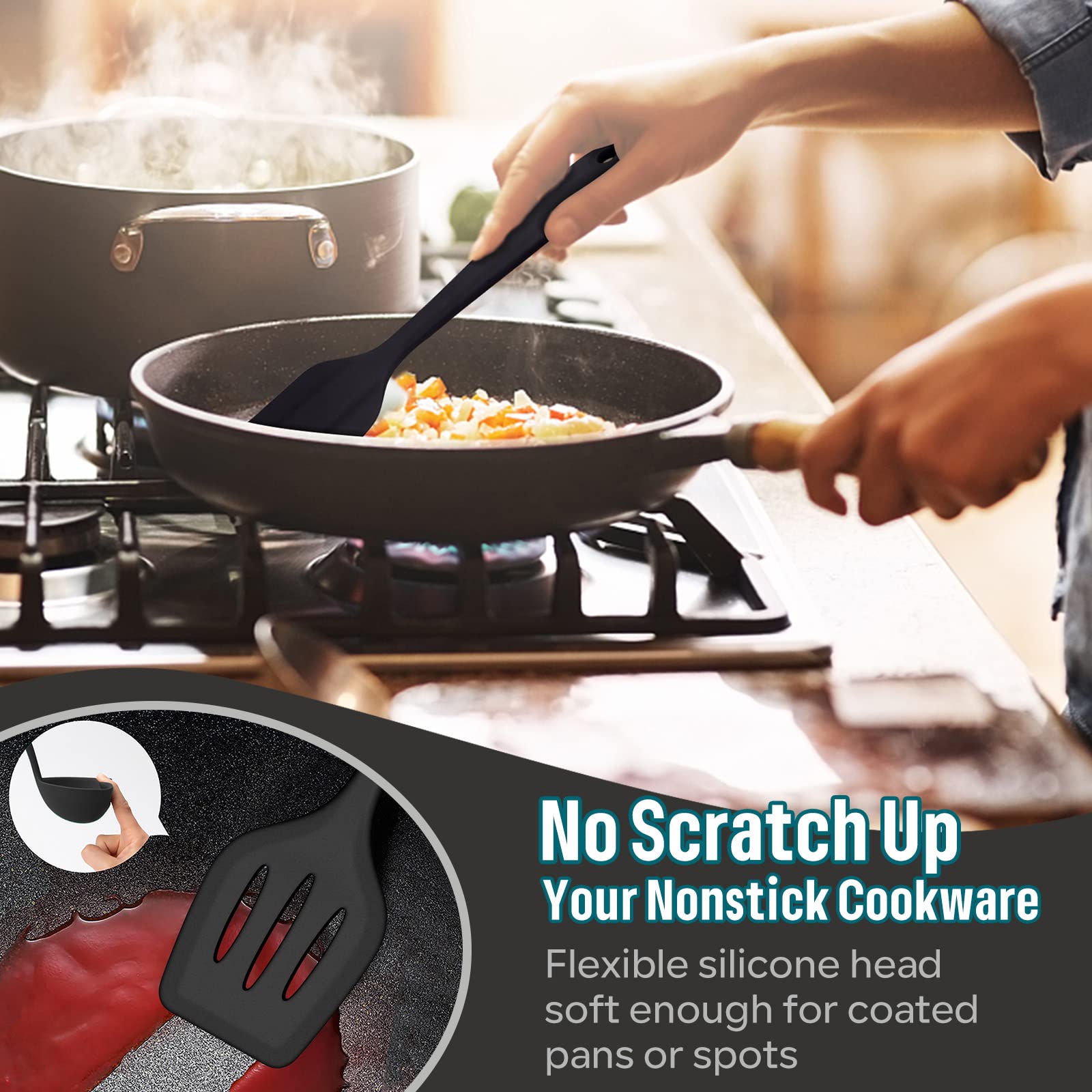 E-Far Silicone Cooking Utensils Set, 7-Piece Black Heat Resistant Kitchen Utensils Set, Kitchen Nonstick Tools Spatula Ladle Spo