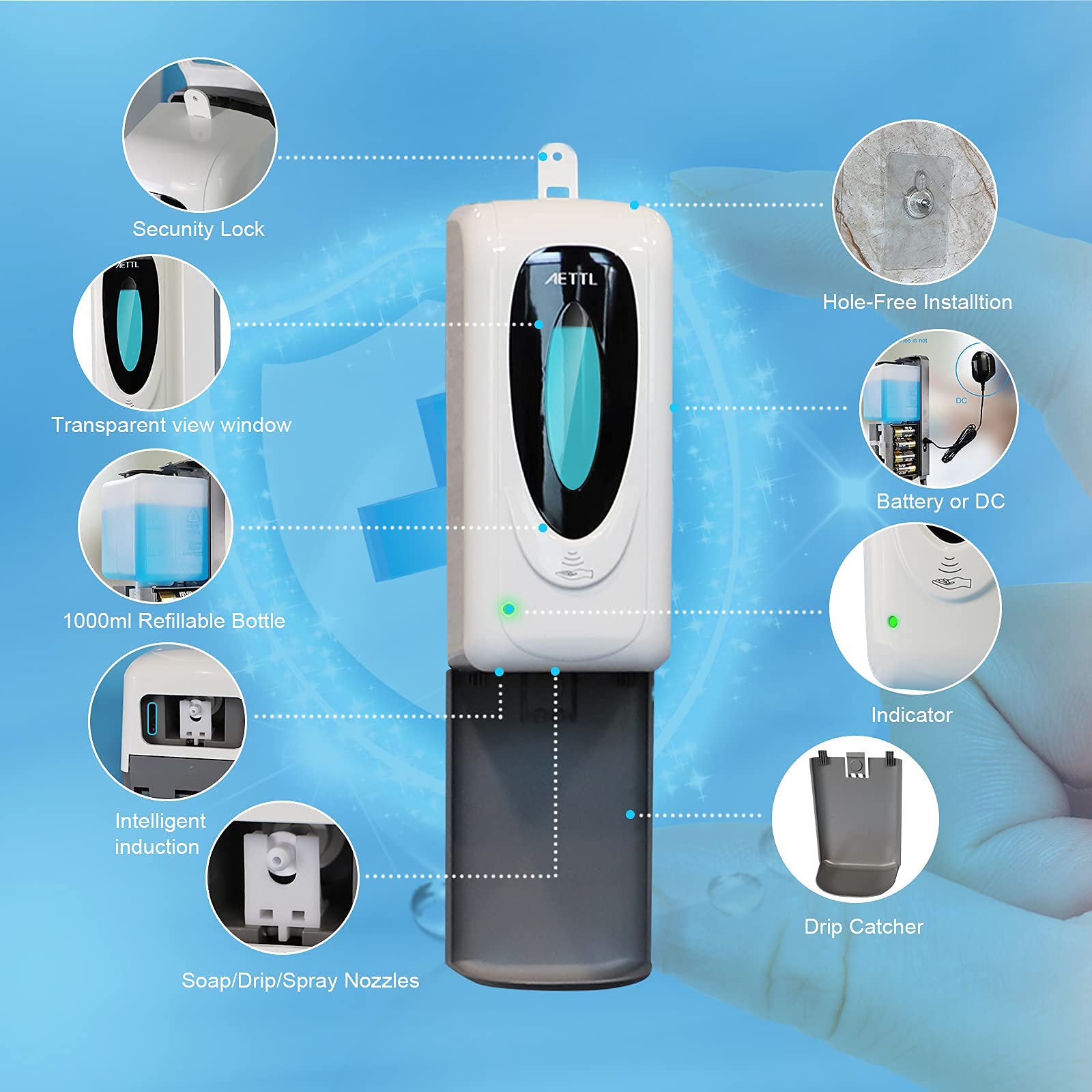 Aettl Touchless Automatic Foaming Hand Soap Dispenser Wall Mount, Motion Sensor Foam Liquid Refill Bottle Sanitizer Dispensing F