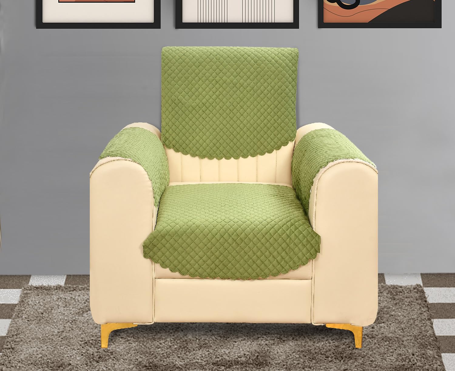 Yellow Weaves Velvet 1 Seater Self Design Quilted Sofa Chair Cover With Arm Cover, Seat & Back Cover, Color - Pea Green