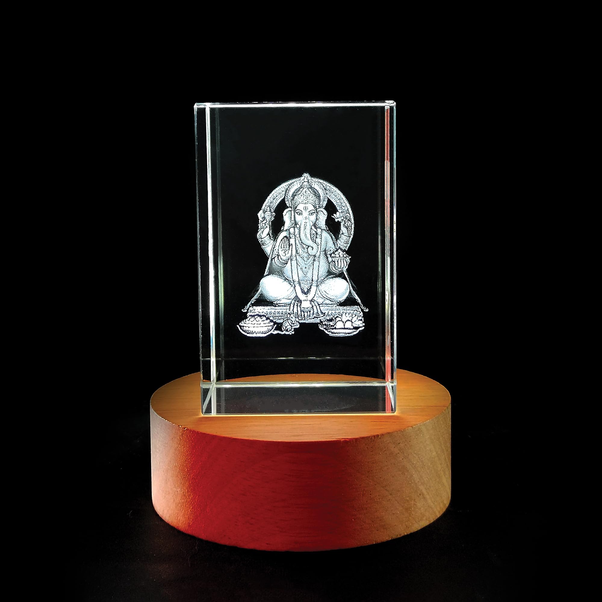 Grob Ganesh Idol 3D Crystal Cube With Led Light Base |Diwali Gift,Home Decoration, Showpiece For Home(Transparent_50 X 50 X 80 M