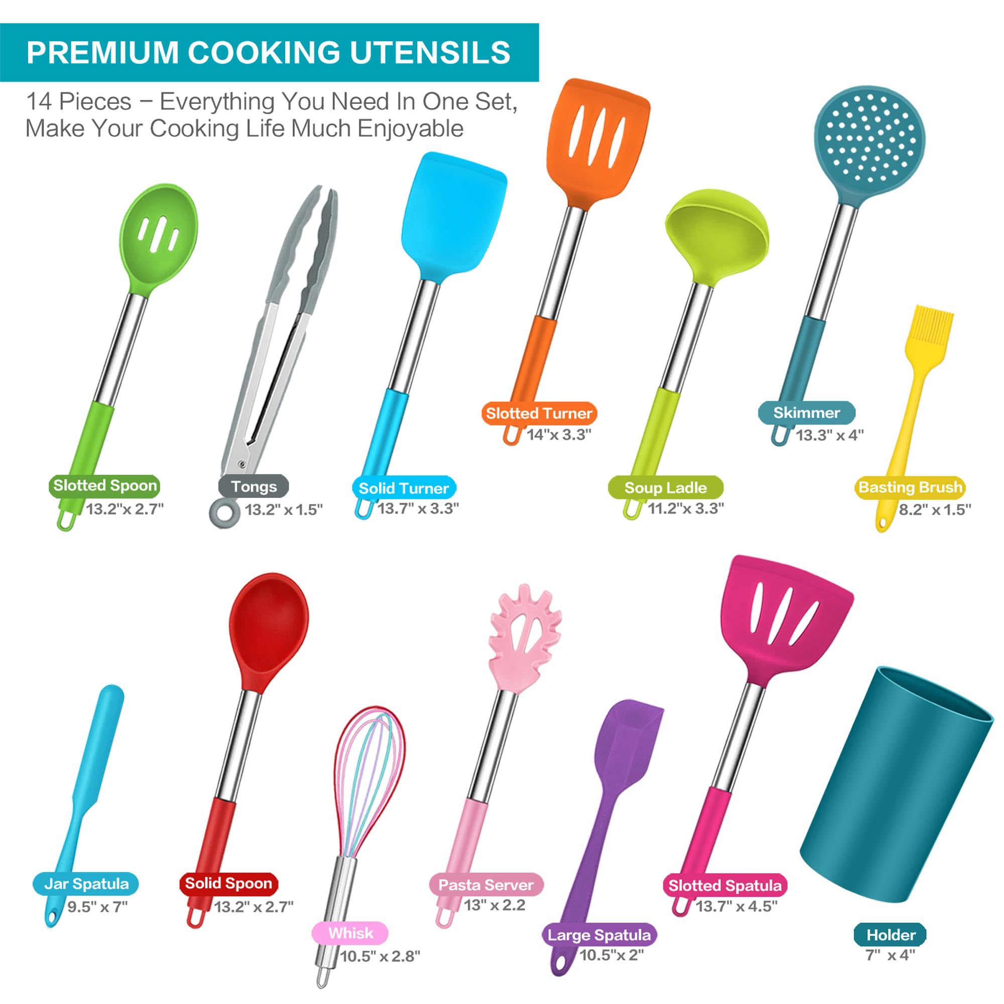 Teamfar 14 Pcs Cooking Utensil Set, Silicone Kitchen Utensil Set With Stainless Steel Handle, Spatula/Spoon/Turner/Skimmer, Heal