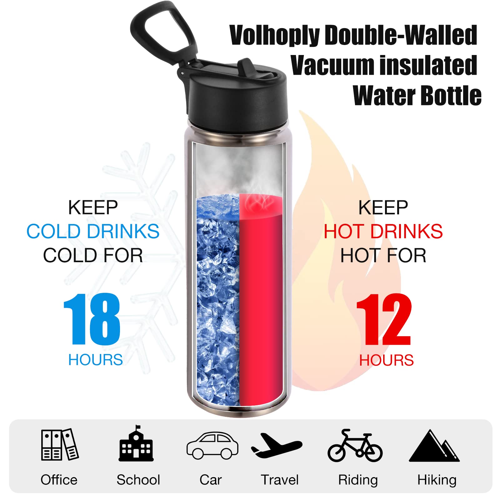 Volhoply Insulated Water Bottles with Straw Bulk 4 Pack  22 oz Stainless Steel Sports Bottle with Handle Lid  Double Walled Vacuum Travel Water Thermos with Wide Mouth for School Hiking(Silver 4 Set)