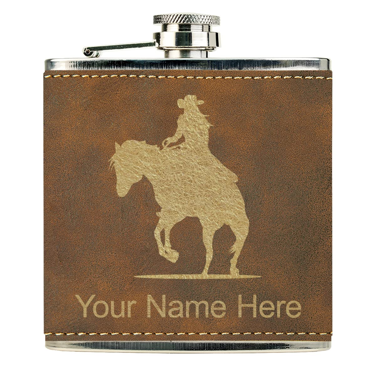 Faux Leather Flask, Cowgirl Riding Horse, Personalized Engraving Included (Rustic)
