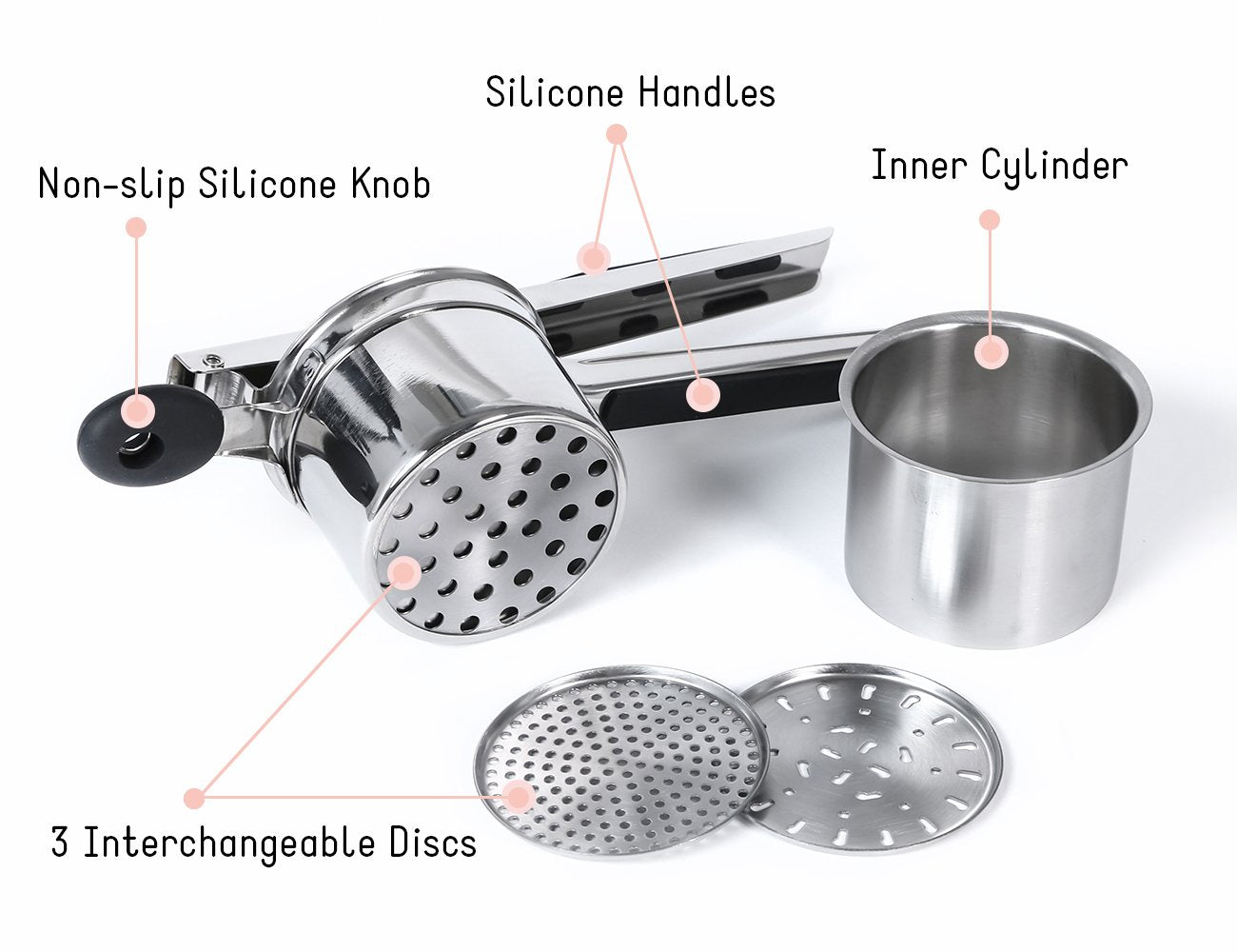 Rorence Stainless Steel Potato Ricer With 3 Interchangeable Discs & Inner Cup & Silicone Grip Handles - Black