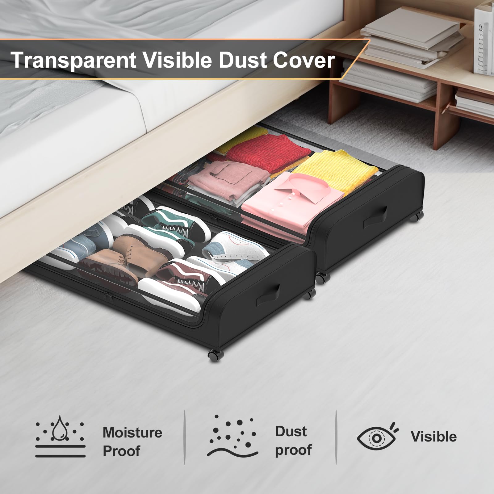 Fulpower 2 Pack Under Bed Storage Containers, Large Under Bed Storage with Wheels, Metal Under Bed Rolling Storage with Lid, Bed