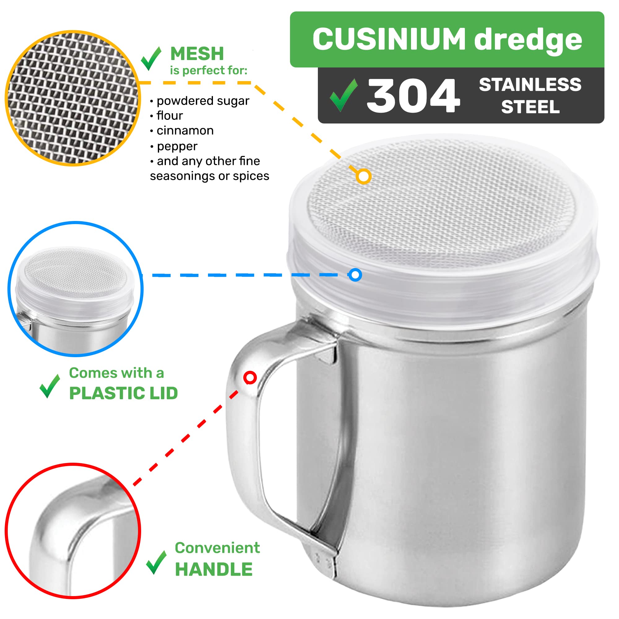 Cusinium Powdered Sugar Shaker Duster - With Handle - Cinnamon Shaker For Coffee Bar - Fine Mesh Dredge - 10 Ounce, Pack Of 2 |