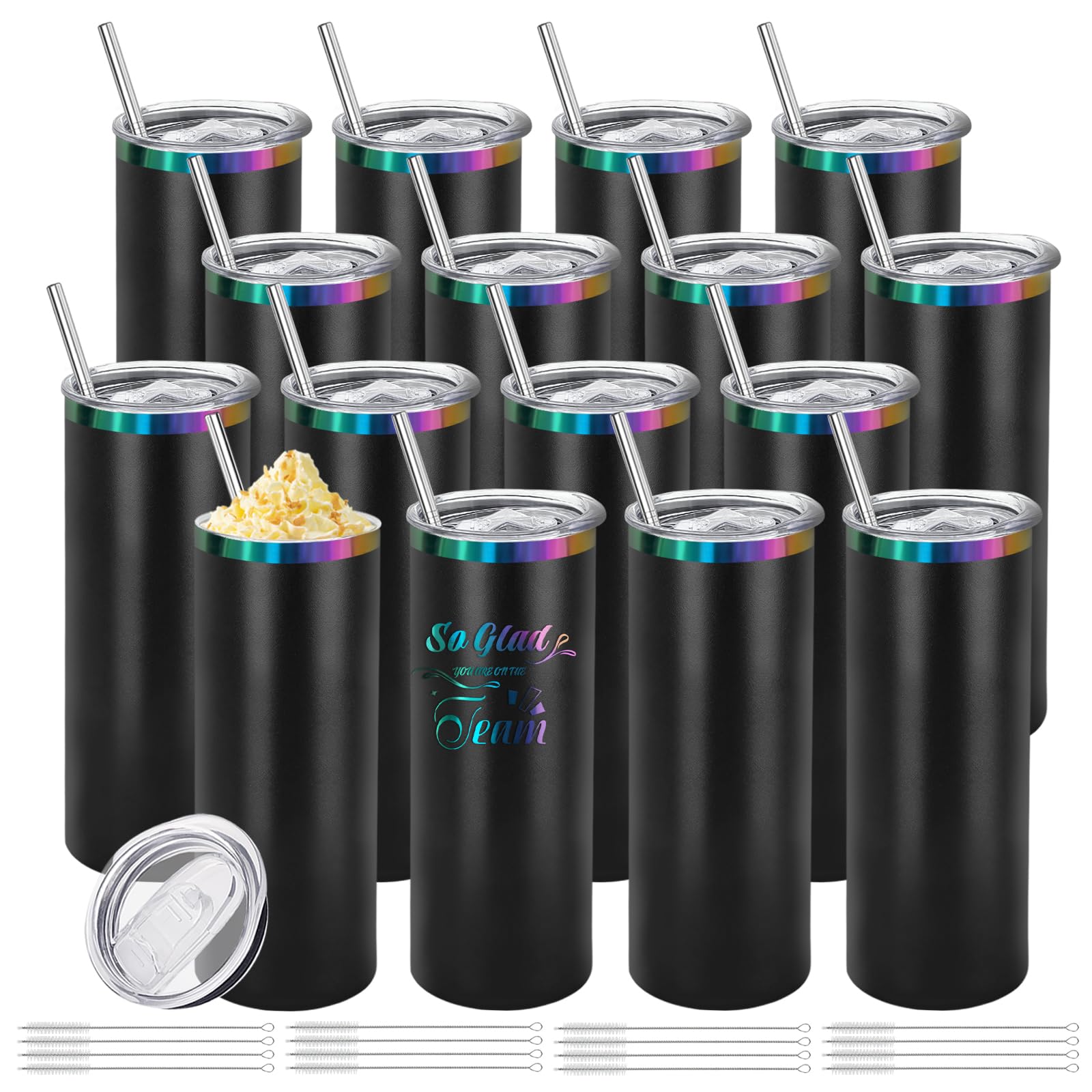 YOUKE OLA 16 Pack Rainbow Plated Stainless Steel Tumbler Straight Double Wall Powder Coated for Laser Engrave, 20oz Black To Iri
