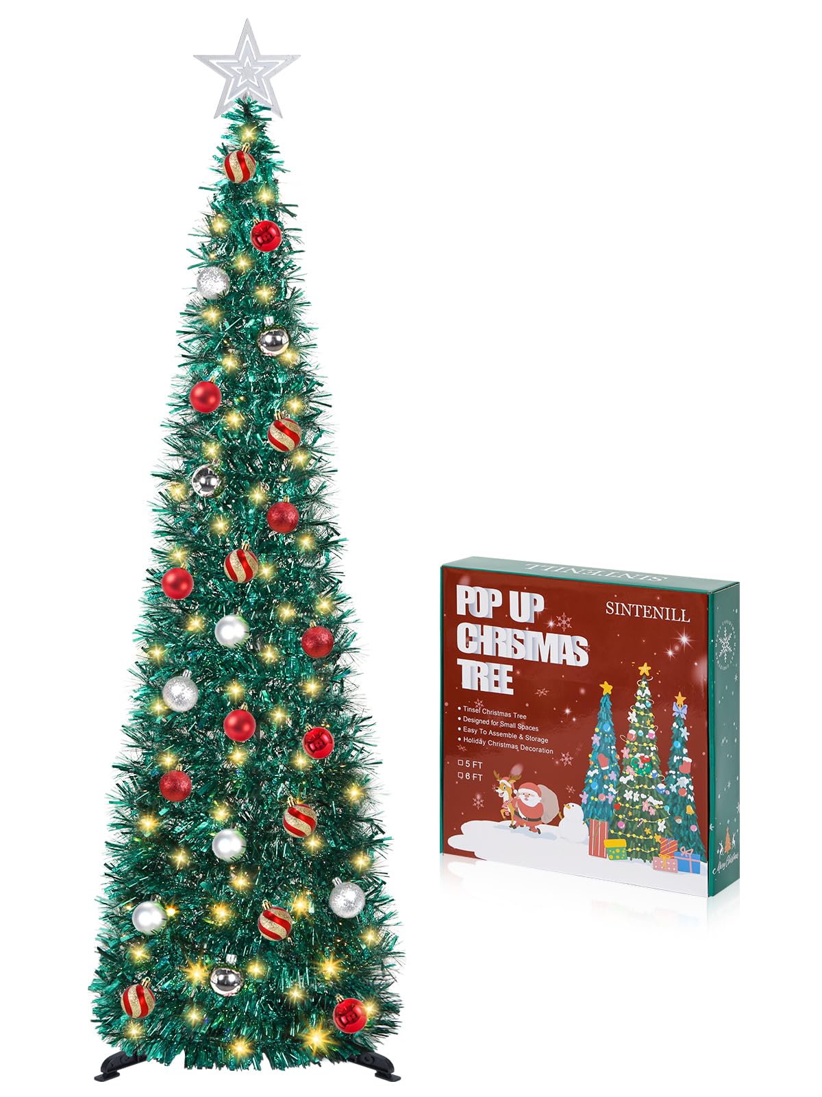 SINTENILL 5 FT Pop Up Christmas Tree with Timer Lights and Decorations, Green Tinsel Artificial Christmas Tree with 24 Balls Orn