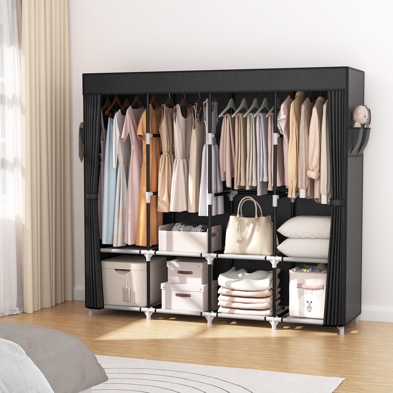 Vtrin Portable Closet For Hanging Clothes 67 Inch Wide Large Capacity Portable Wardrobe Closet With Cover, 4 Storage Shelves And