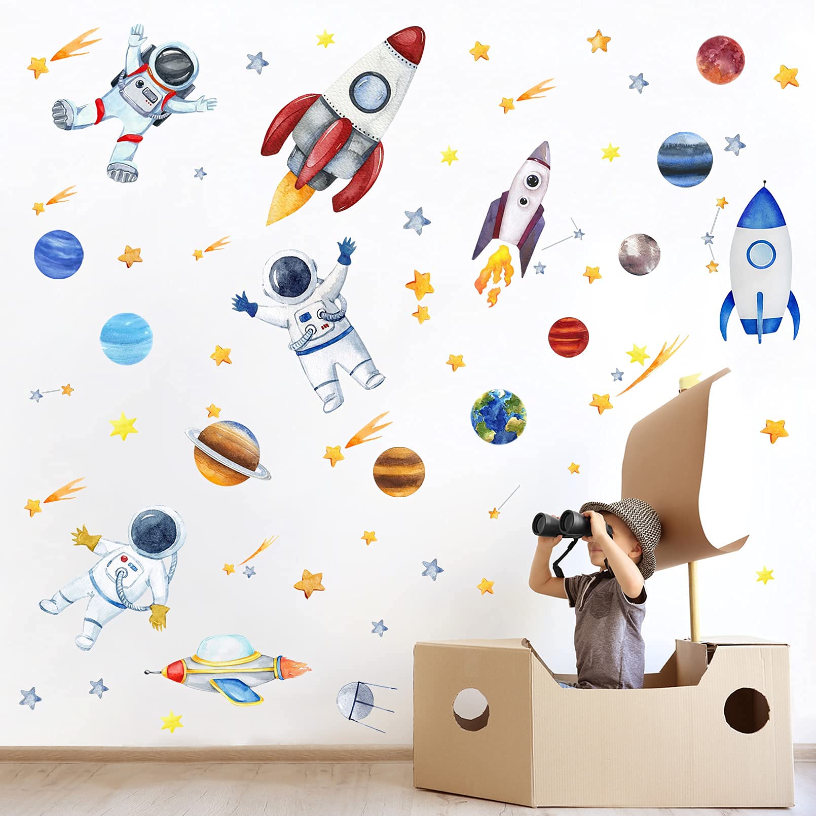 Yovkky Space Astronaut Spacecraft Wall Decal  Galaxy Solar System Planet Peel Stick Sticker Watercolor Rocket Cosmonaut Spaceship Star Nursery Decor  Home Play Room Decoration Kid Boy Bedroom Art Gift