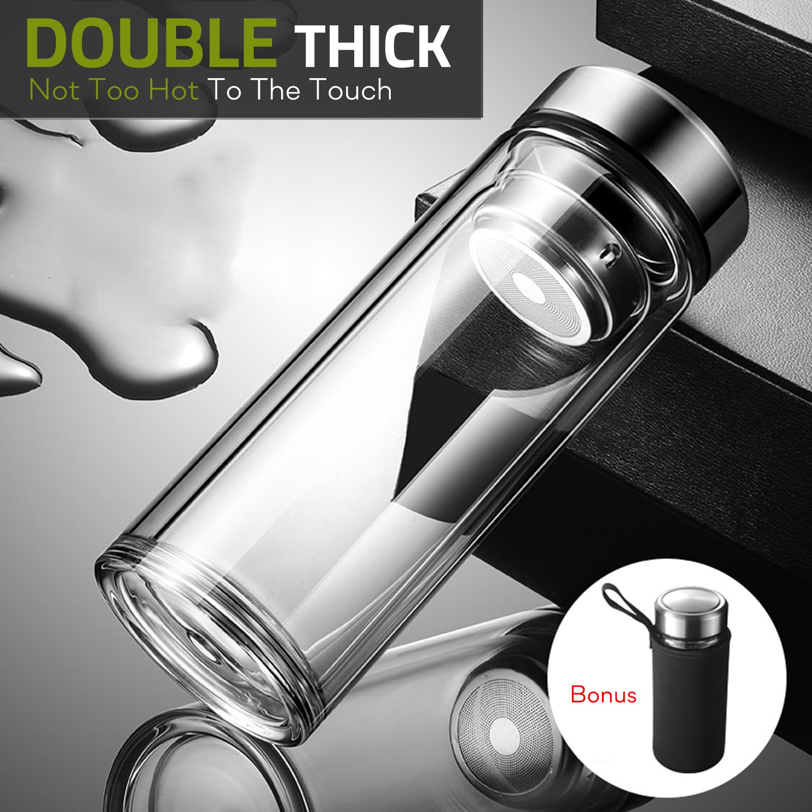 Pauzema Tea Tumbler With Infuser, 20Oz Tea Bottle With 2 In 1 Infuser, Double Wall Borosilicate Glass Tea Bottle 100% Leak-Proof