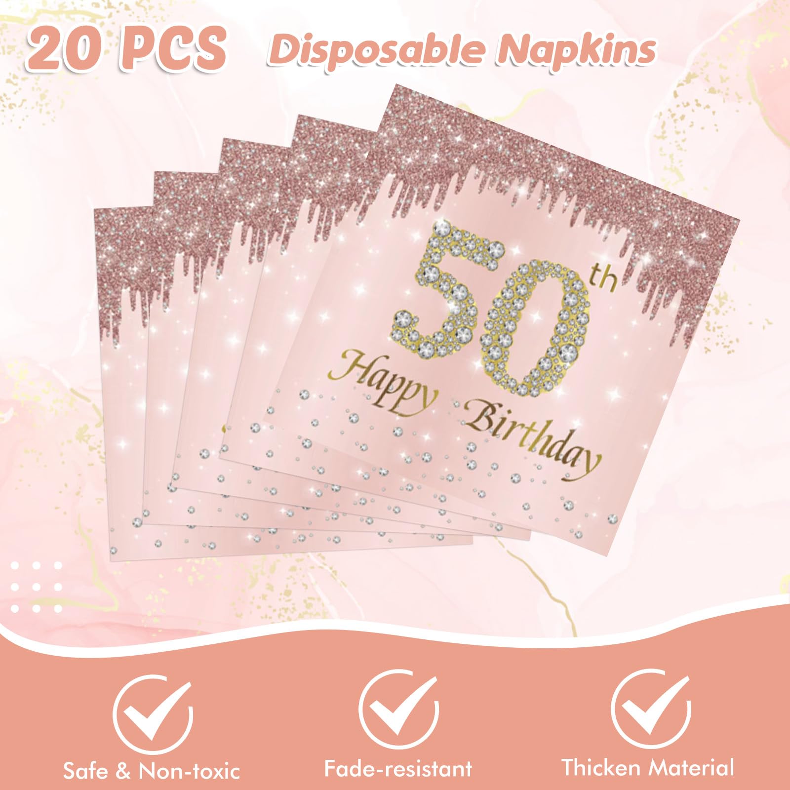 41Pcs 50Th Birthday Decorations, Rose Gold Birthday Party Supplies Include 20Pcs Plates 20Pcs Napkins And 1Piece Tablecloth, Swe