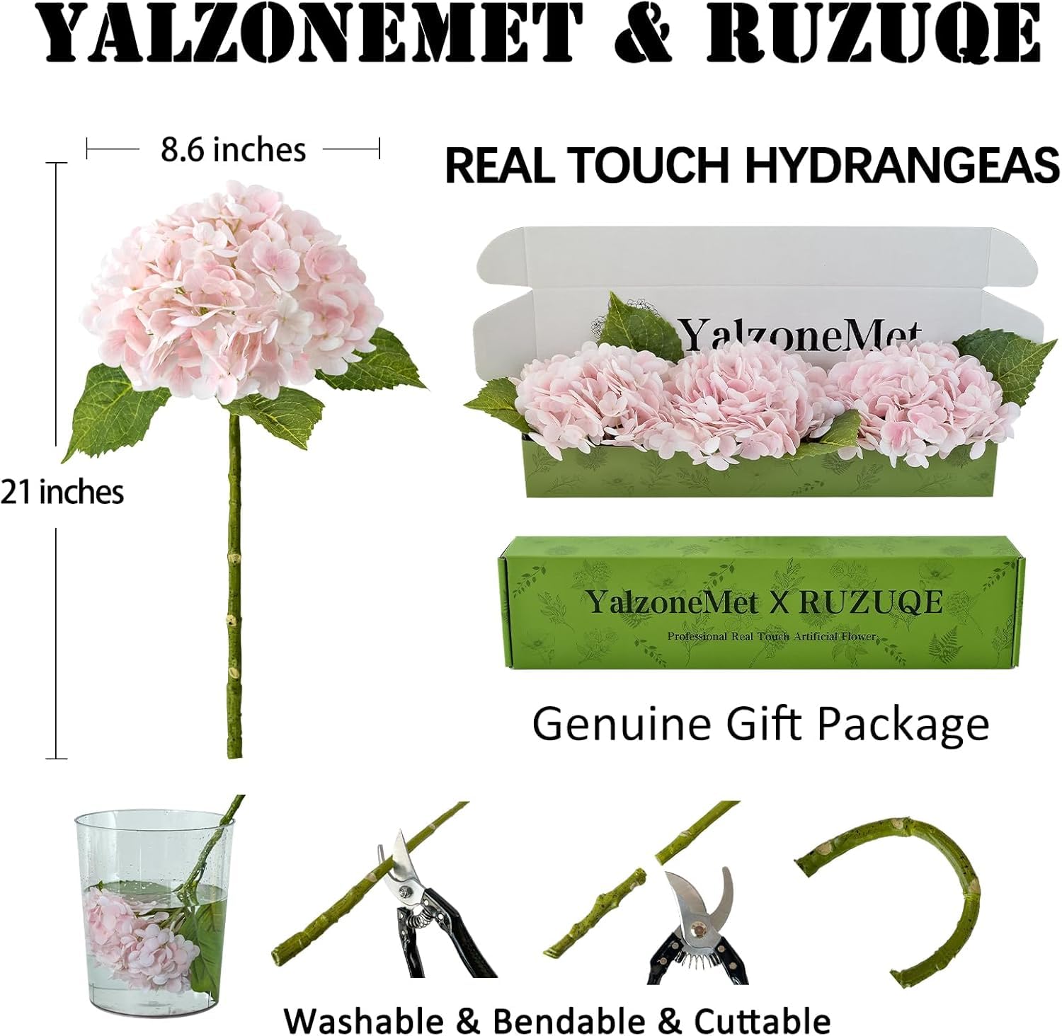 YalzoneMet 3 PCS Light Pink Hydrangea Artificial Flowers 21 inches Real Touch Faux Latex Hydrangea Flowers for Wedding Tables Ce