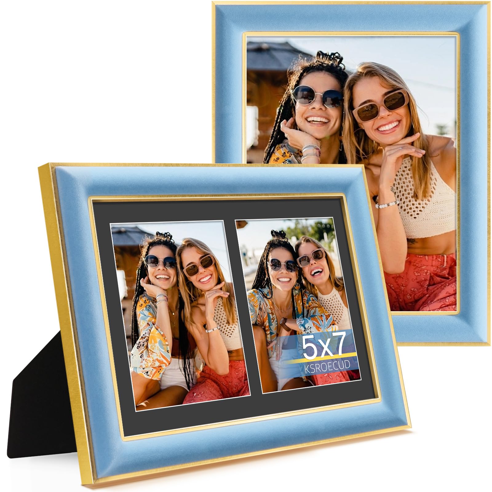 KSROECUD 8.5x11 Velvet Picture Frame with 2 Openings 5x7 Pictures, HD Real Glass Spruce Blue Velvet Photo Frame with Black White