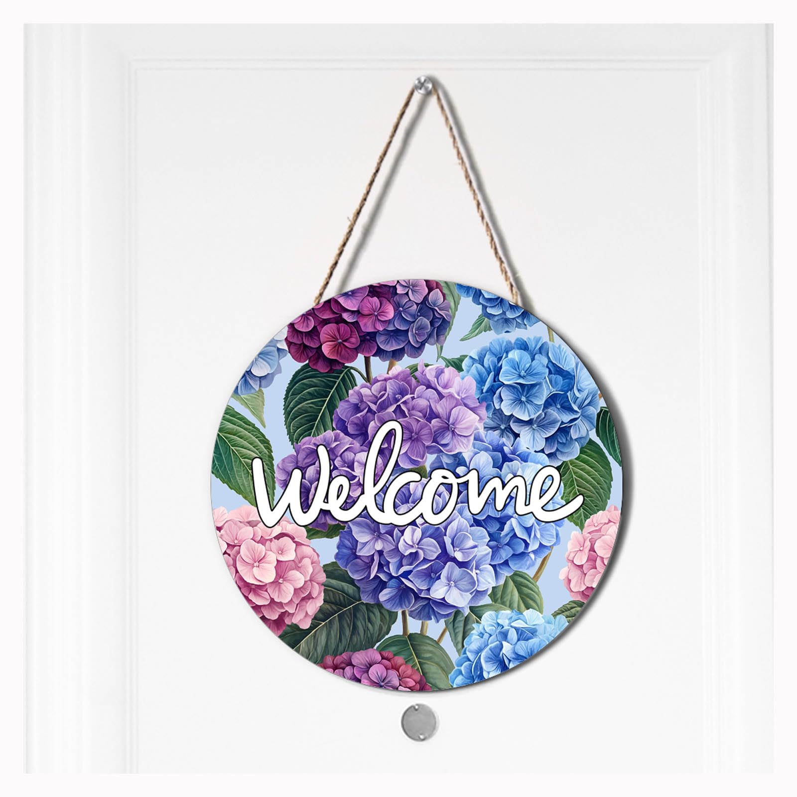 Ceutoiy Welcome Hanging Sign Front Door Decor Hydrangea Floral, Wooden Welcome Sign Colorful Hydrangea Spring Welcome Sign Front