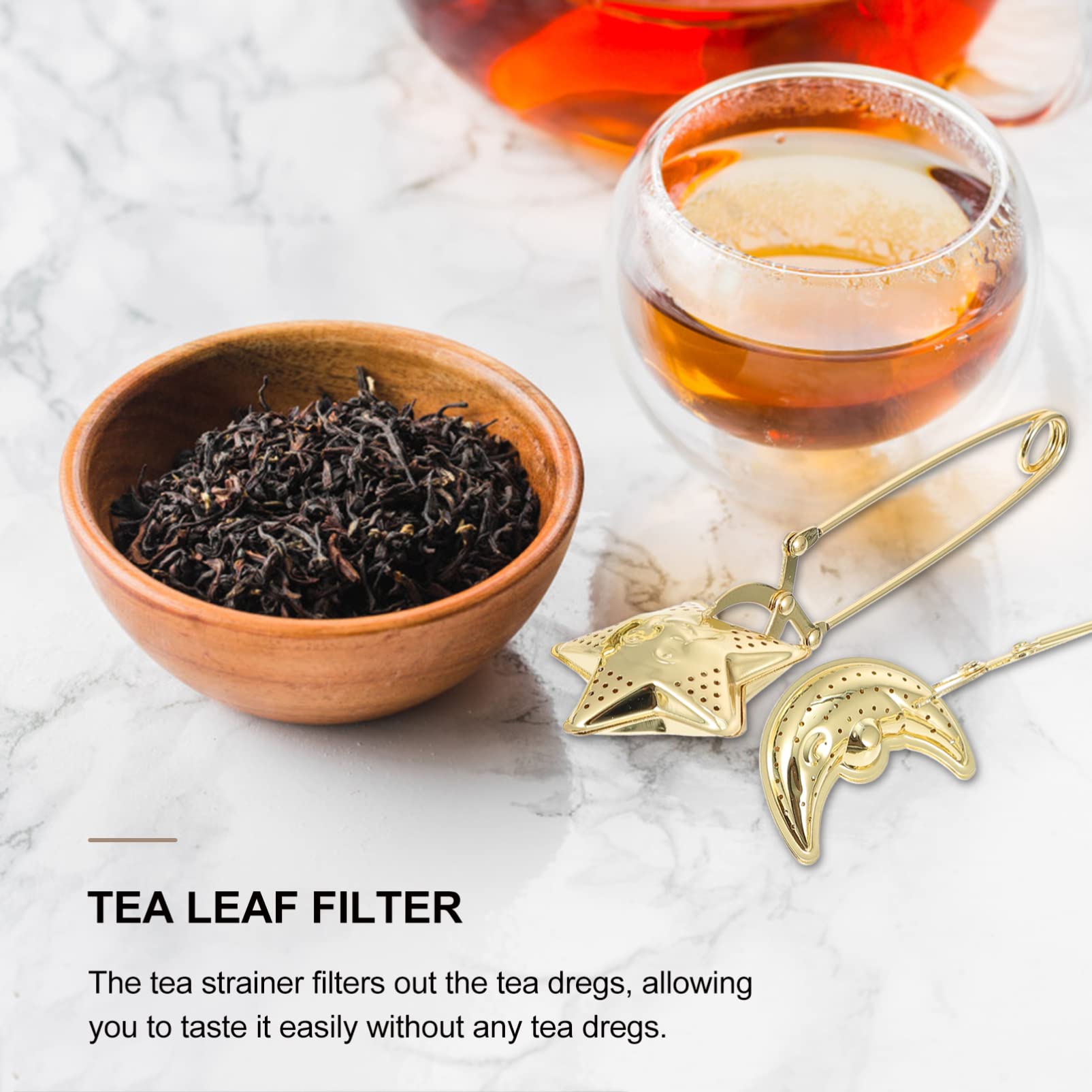 2Pcs Tea Infuser Tea Strainer Moon Star Shaped Tea Filter Stainless Steel Long Grip Spoon For Loose Leaf Tea Teas, Golden