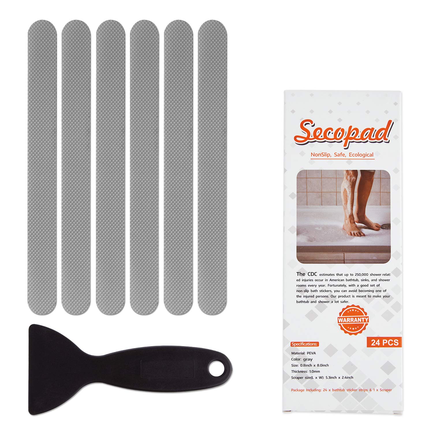 Secopad Non-Slip Bathtub Stickers,24 Pcs Safety Bathroom Tubs Showers Treads Adhesive Decals Scraper (Gray)