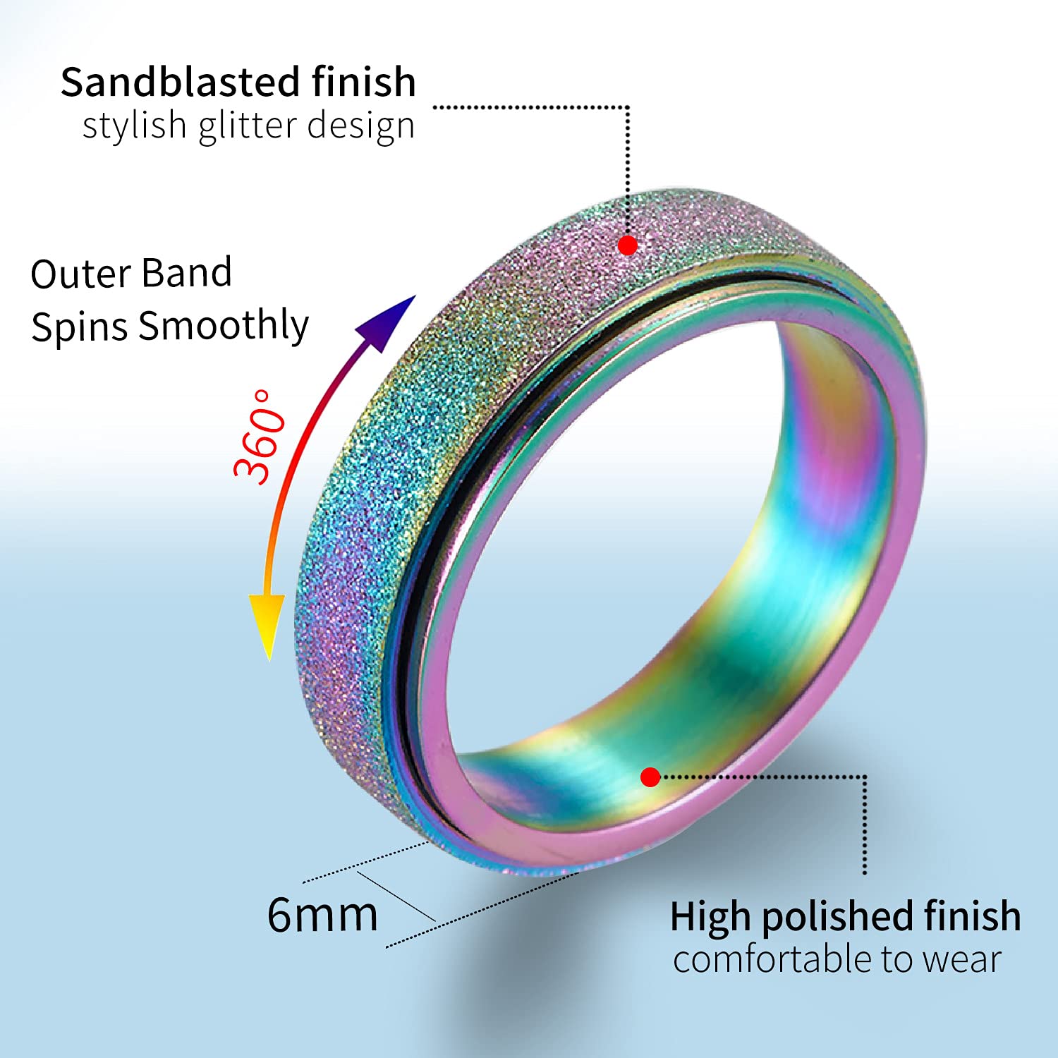 Laoyou Spinner Ring For Women Anxiety Relief - 6Mm Stainless Steel Glitter Rose Gold Silver Rainbow 3Pcs Fidget Rings Band Pack