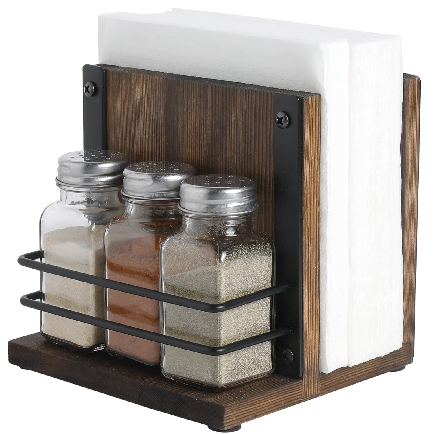 Mygift Rustic Burnt Solid Wood Napkin Holder And Salt & Pepper Caddy, 4 Piece Set Dining Tabletop Napkin Dispenser With Condimen