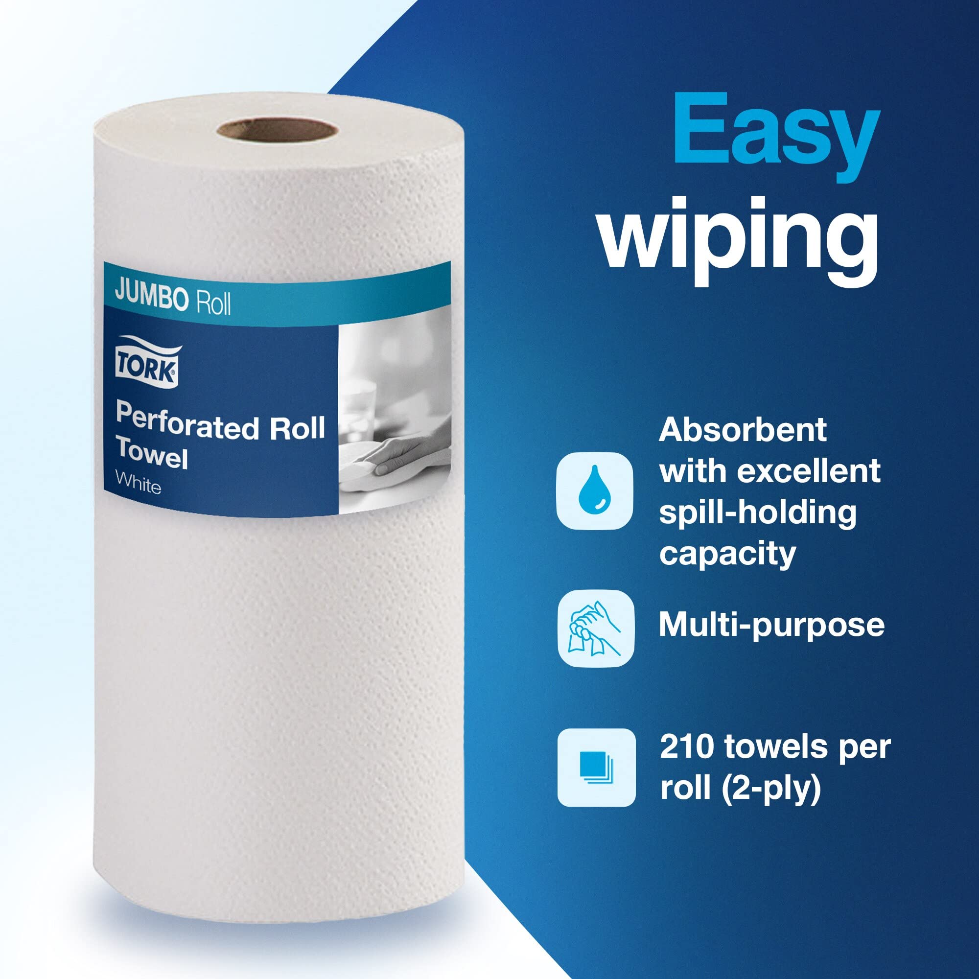 Tork Perforated Paper Roll Towels 2-Ply Jumbo Roll Multi-Purpose Kitchen Roll Towel 100% Recycled Paper Towels 210 Sheets/Roll,
