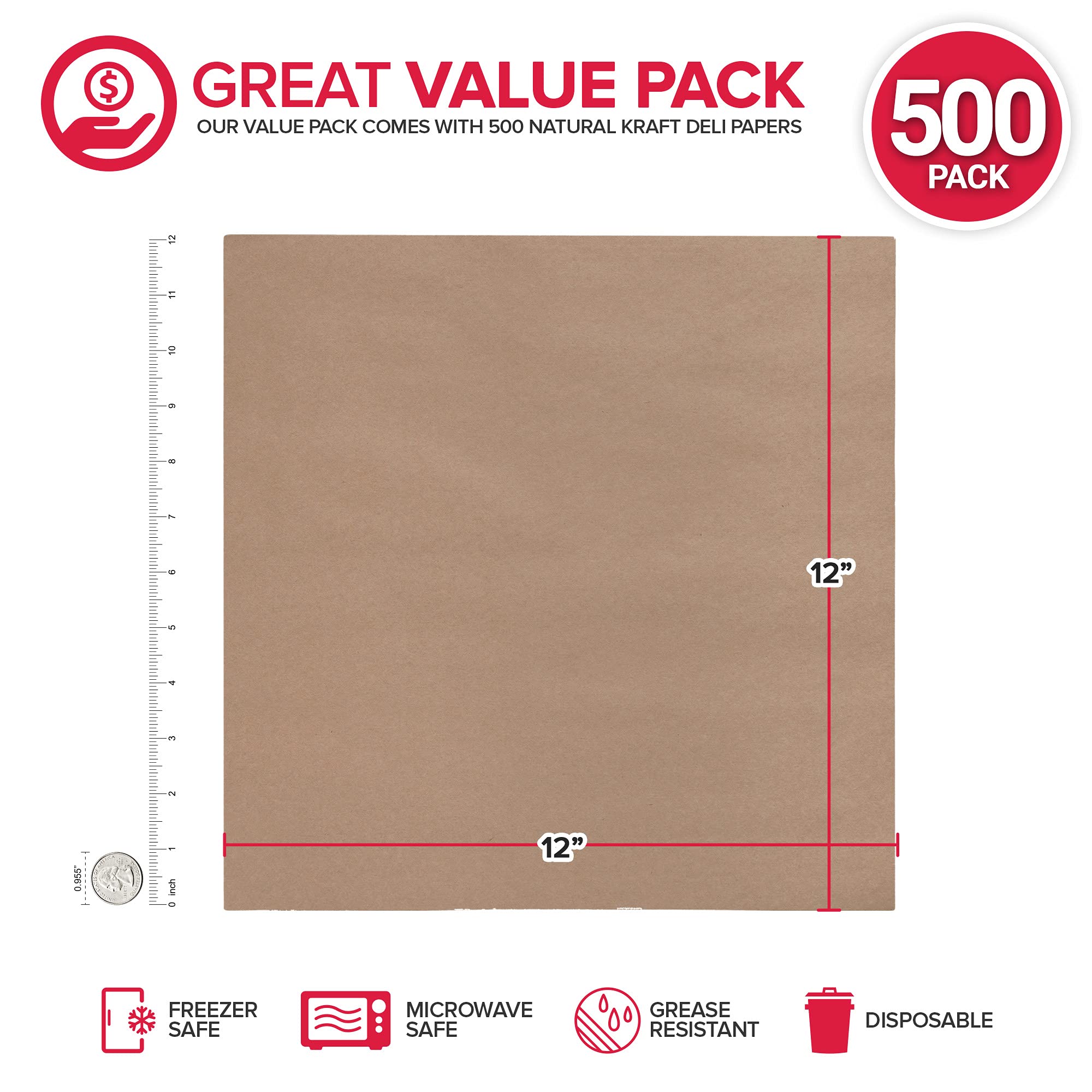 Stock Your Home 12 X 12 Grease Proof Deli Wrappers (500 Pack) - Pre Cut Natural Wax Paper Sheets - Recyclable Food Basket Liners