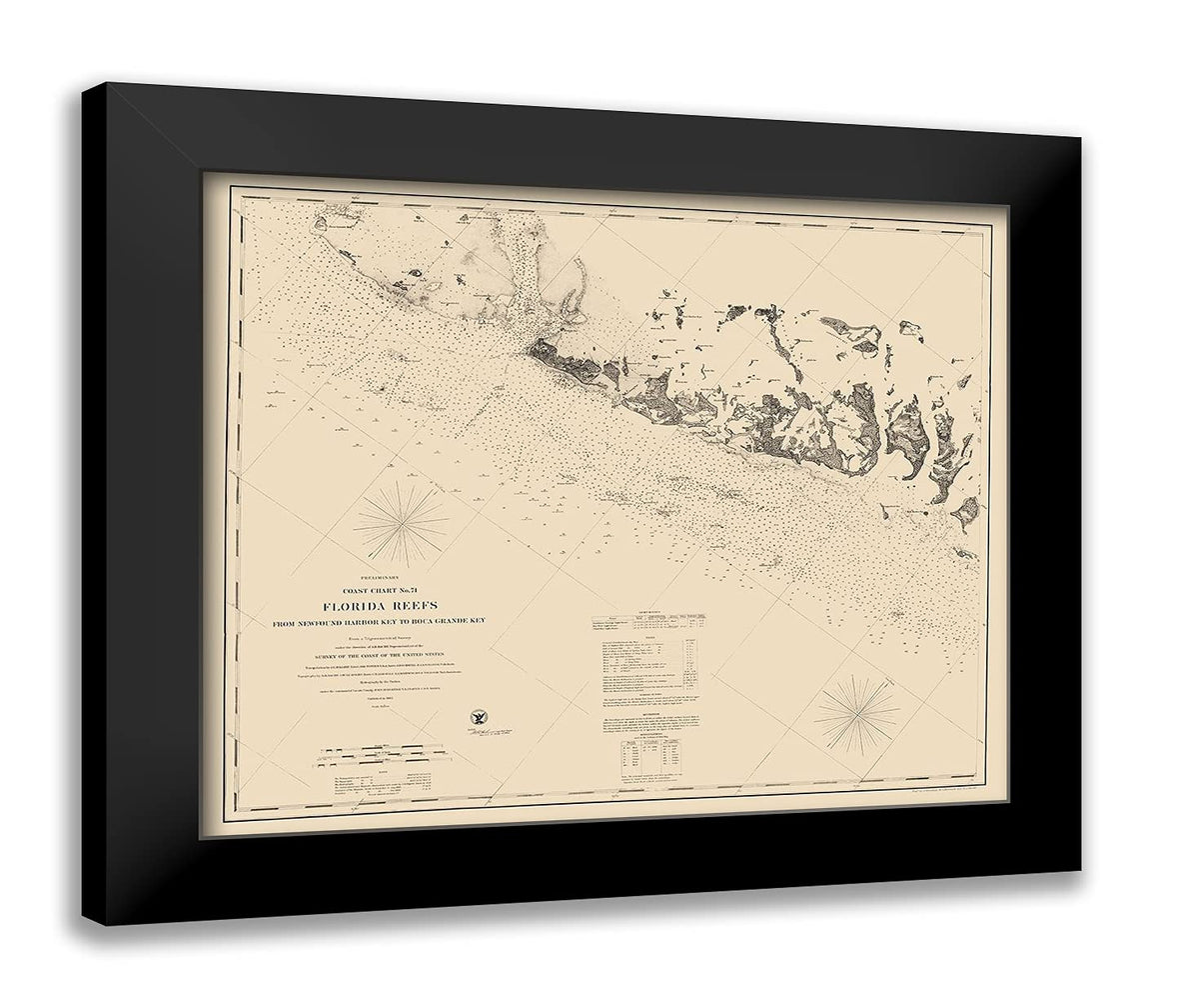 Artdirect Blondeau 23X20 Black Modern Framed Art Print Titled: Keys Reefs, Harbor To Boca Grande - Blondeau 1862