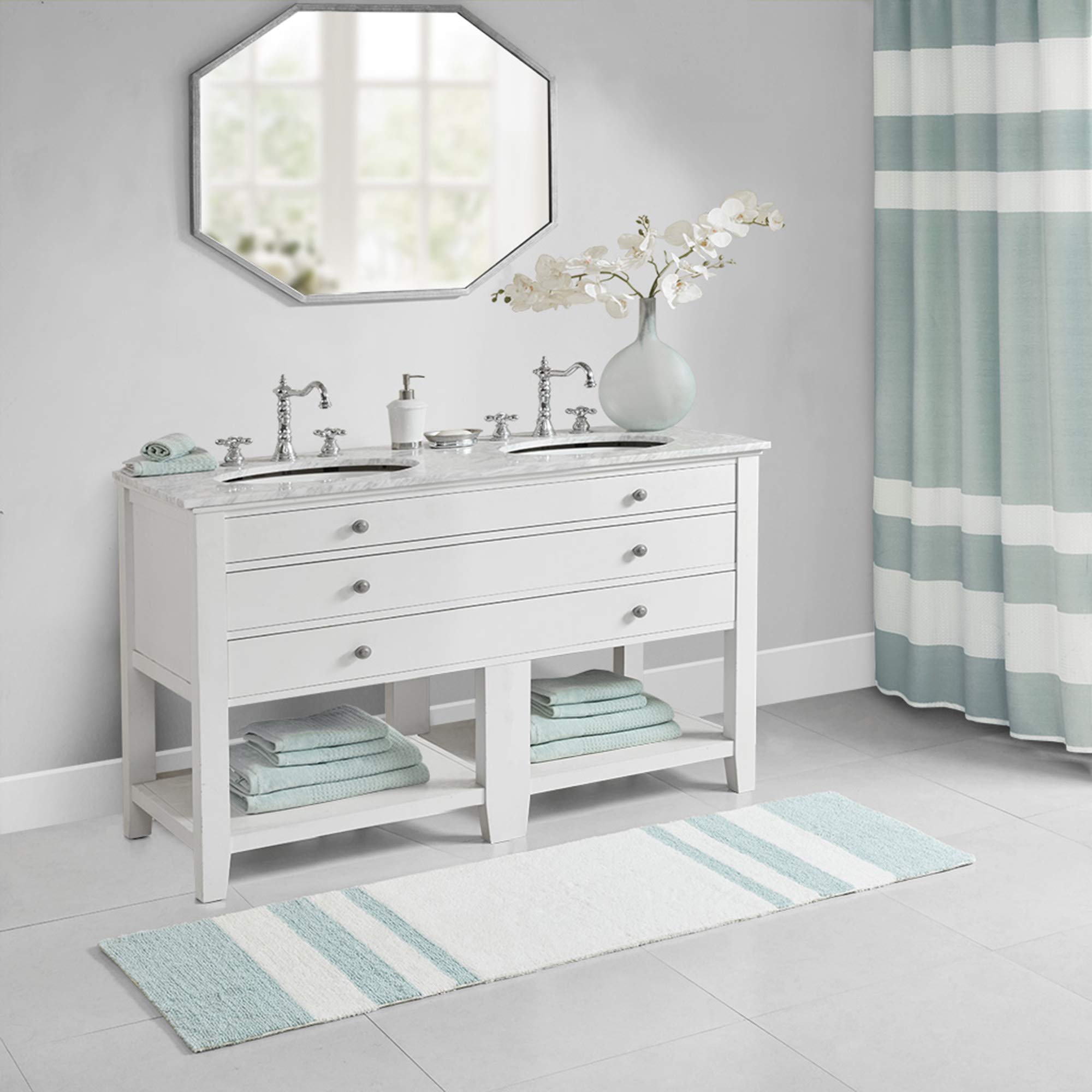 Madison Park Reversible Spa Cotton Bath Rug 100%-Cotton Striped Ultra Soft Water Absorbent, Fast Drying, Bath-Mats, Non-Slip Abs