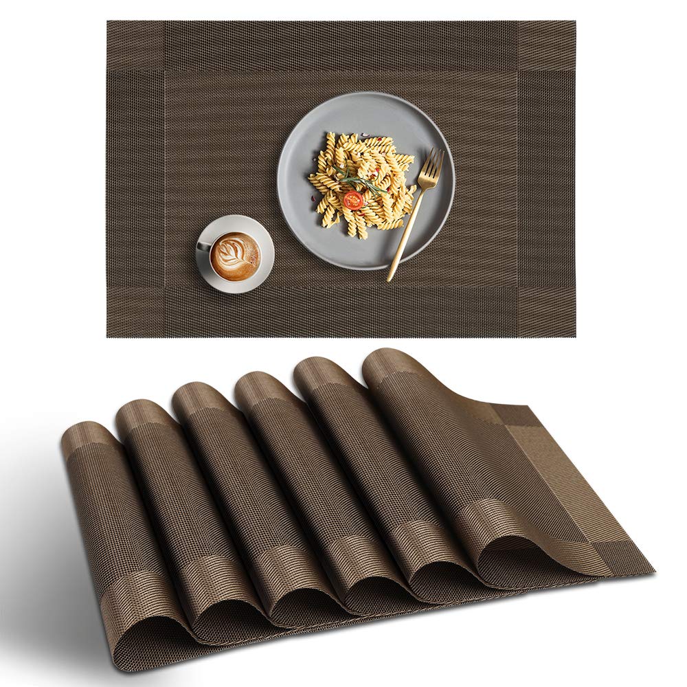 Homedge Placemat, 6 Pcs Of Non-Slip Heat Resistant Pvc Place Mats, Washable Vinyl Placemats - Brown