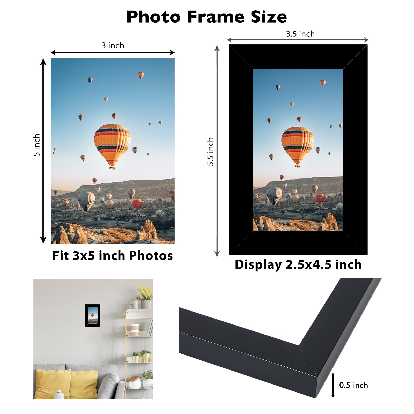 JCJMY 3x5 Picture Frame Set of 6 Black for Tabletop, 3 x 5 Photo Frame with Shatter Resistant Plexiglass, Sturdy 3 by 5 Poster F