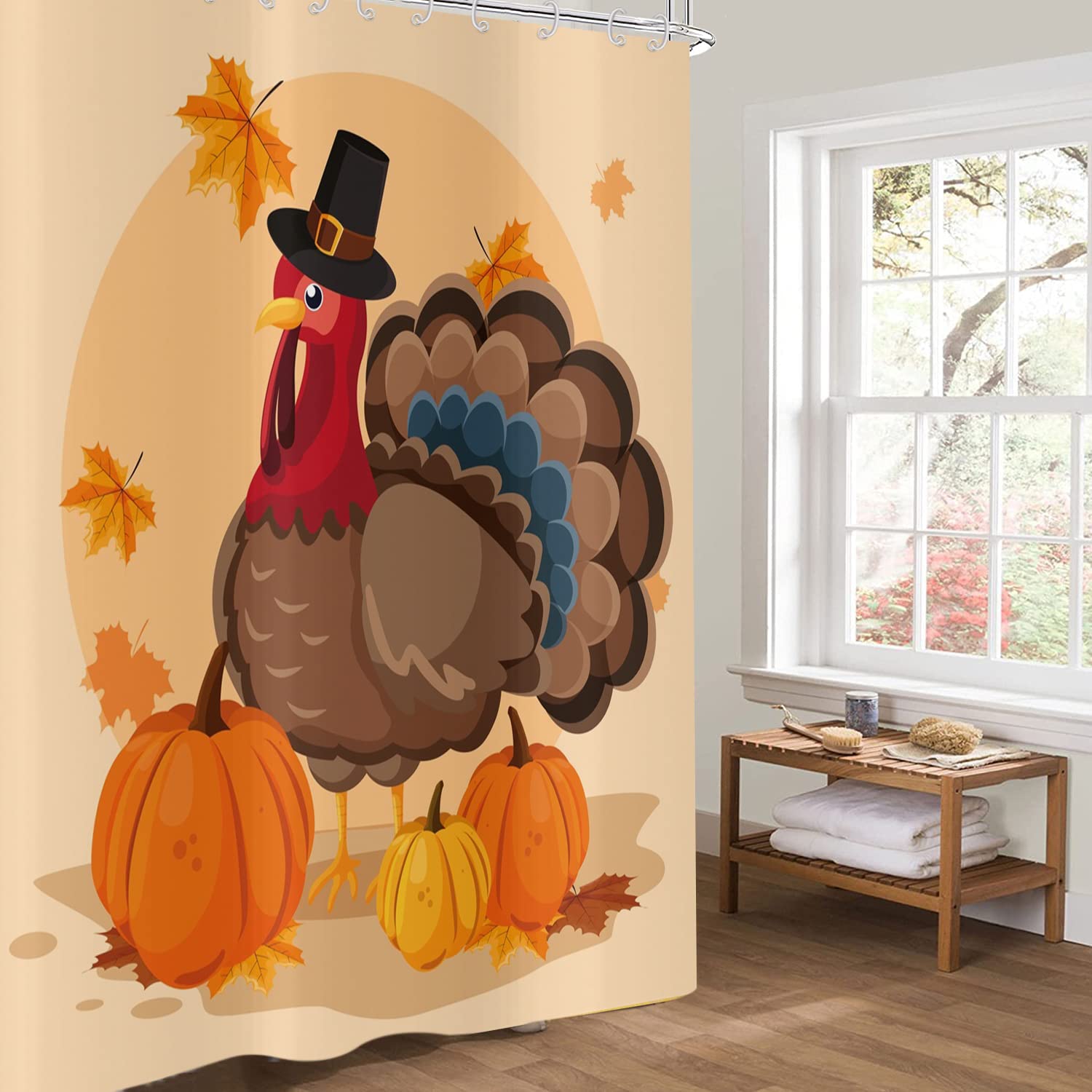 GCIREC Thanksgiving Shower Curtain, Waterproof Fabric, 72"x72", Fall Harvest Pumpkin & Turkey, Model GCI-8956