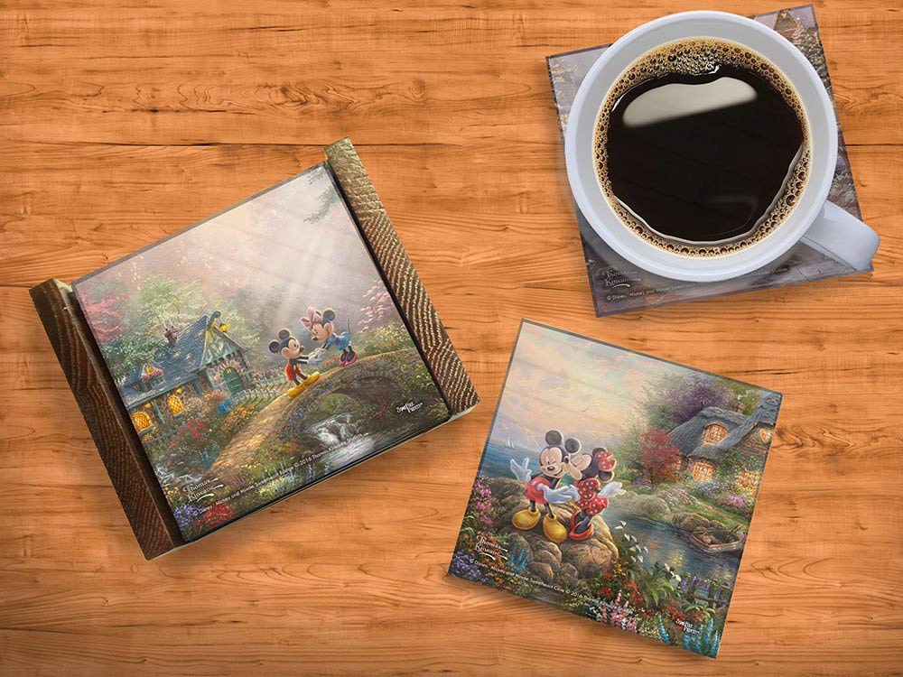 Disney Mickey And Minnie Mouse Glass Coaster - Sweetheart Collection - Thomas Kinkade - Comes With Stylish Modern Wooden Holder