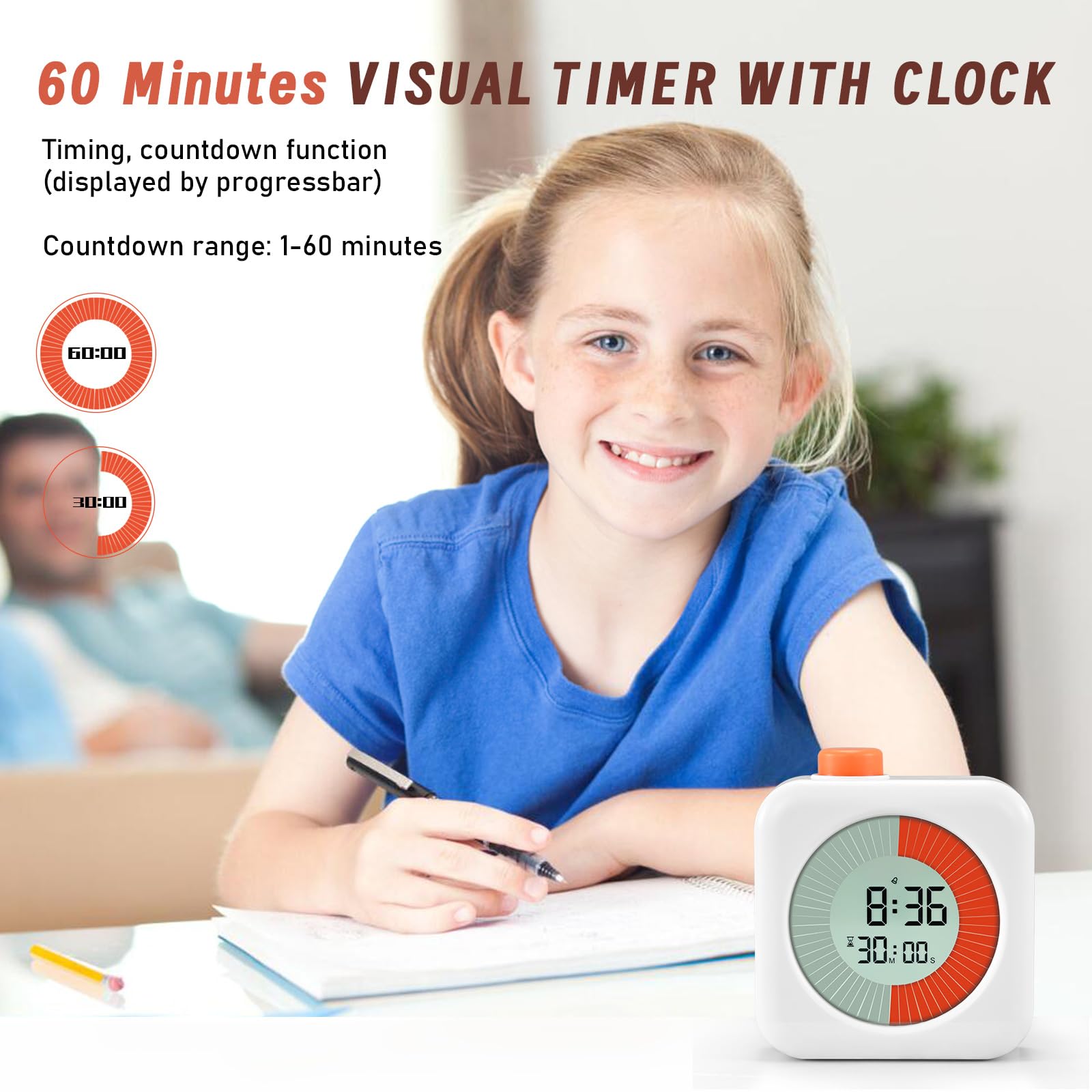 Eoocoo Digital Visual Timer, 60-Minute Countdown Timer For Kids And Adults, Time Management Tool, Timer Clock Alarm 3 In 1, For